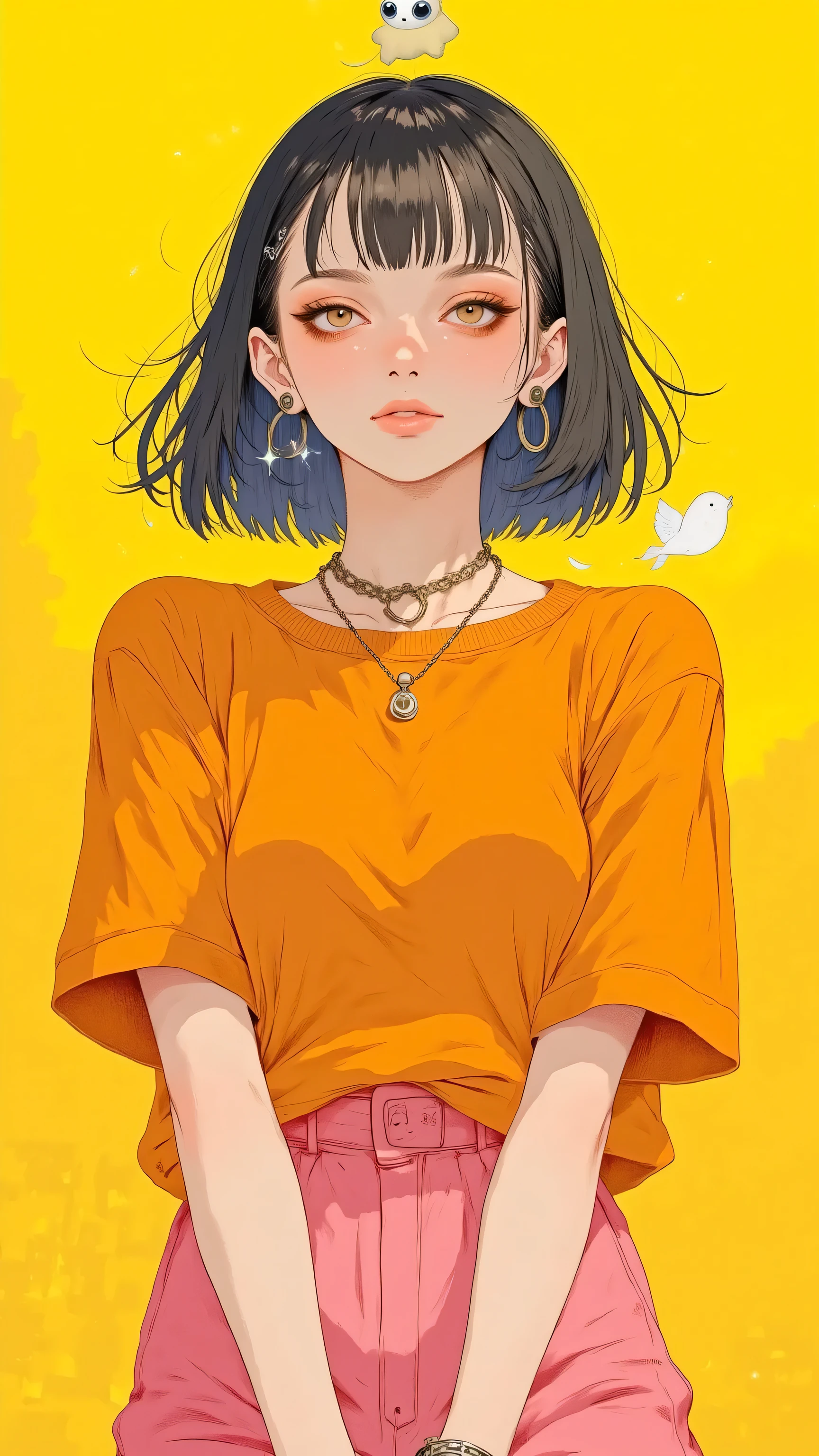 8k, masterpiece, highest quality, Korea's Beautiful Women, bob haircut, orange sweater, pink skirt, vibrant yellow background, glossy lips, closed eyes, dreamy expression, soft lighting, digital painting, fashion illustration style, pastel colors, whimsical, ethereal, trendy, comma-separated prompt