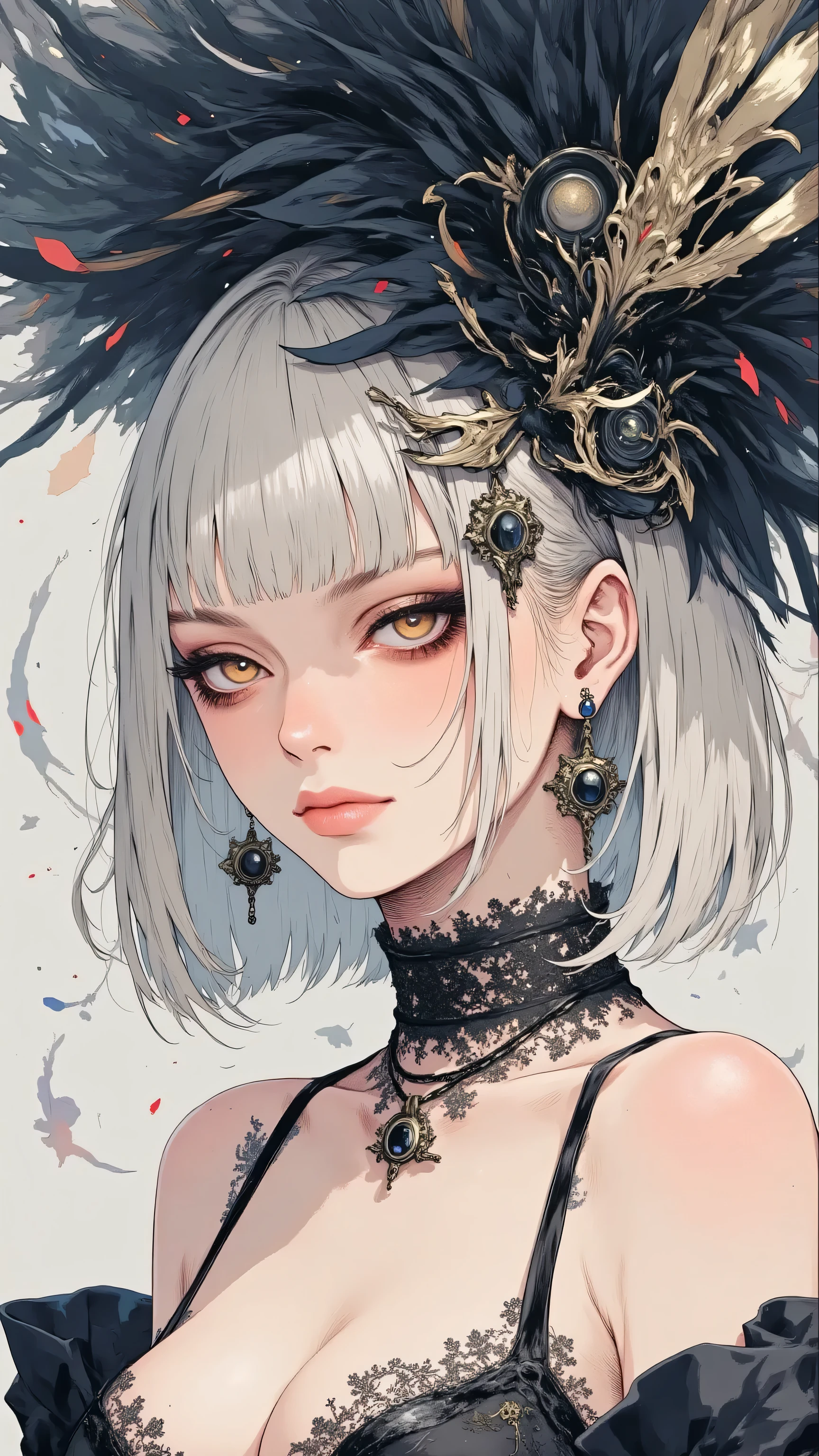 8k, masterpiece, highest quality, Korea's Beautiful Women, Close-up, Platinum blonde hair, dramatic black feather headdress, red lipstick, dark eye makeup, black lace choker, low-cut black dress, pale skin, elegant earrings, monochrome background,