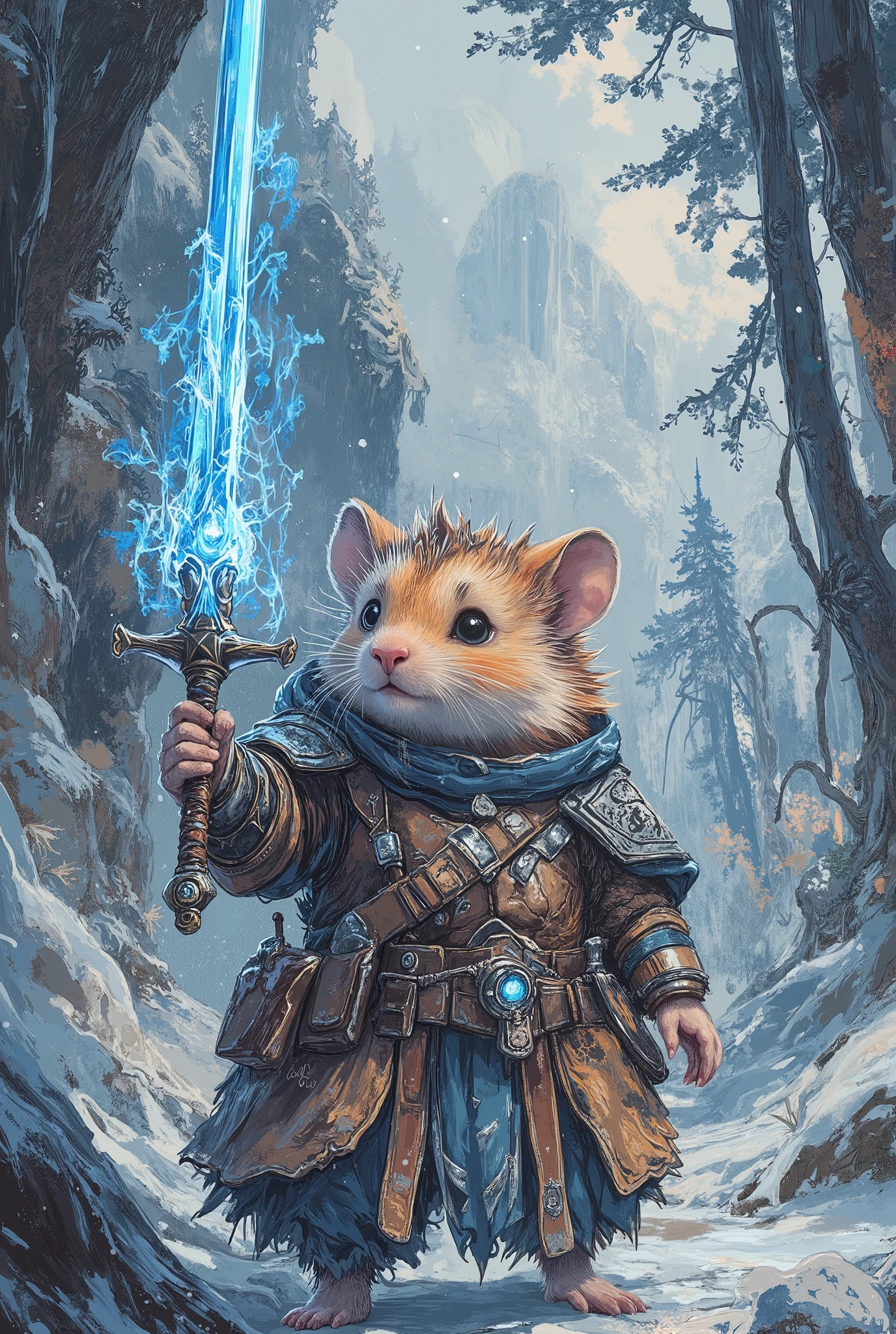 hamster dressed like the dragonborn from skyrim, masterpiece, best quality , Super Detail,an epic,4K,snowy forest , wears fur armor , holding a glowing blue sword, In fantasy art style, cinematic light , ultra-detailed, 8k resolution .