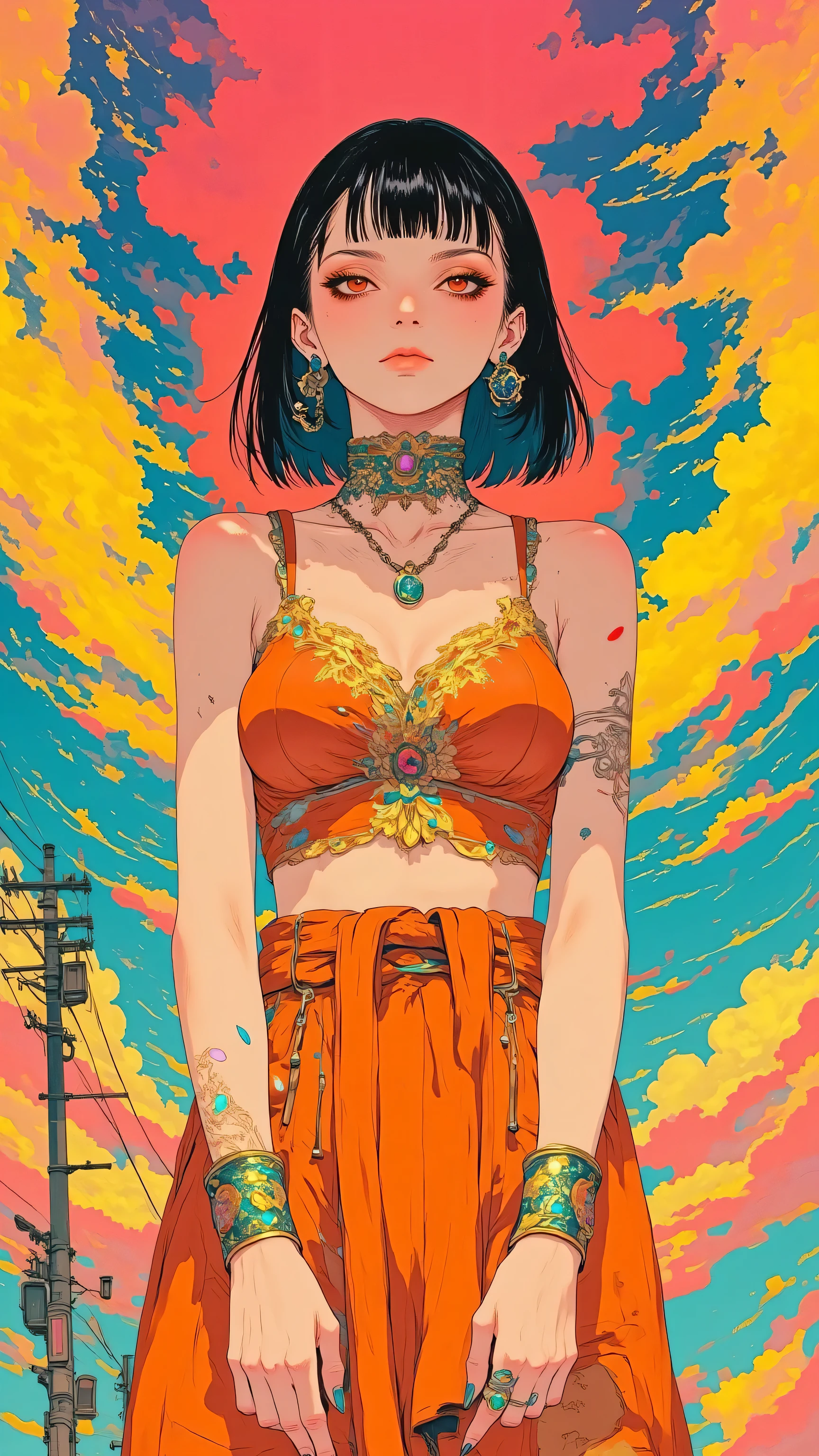8k, masterpiece, highest quality, Korea's Beautiful Women, Short black bobbed hair, orange low-cut top, plaid mini skirt, vibrant makeup, colorful geometric background, high detail,