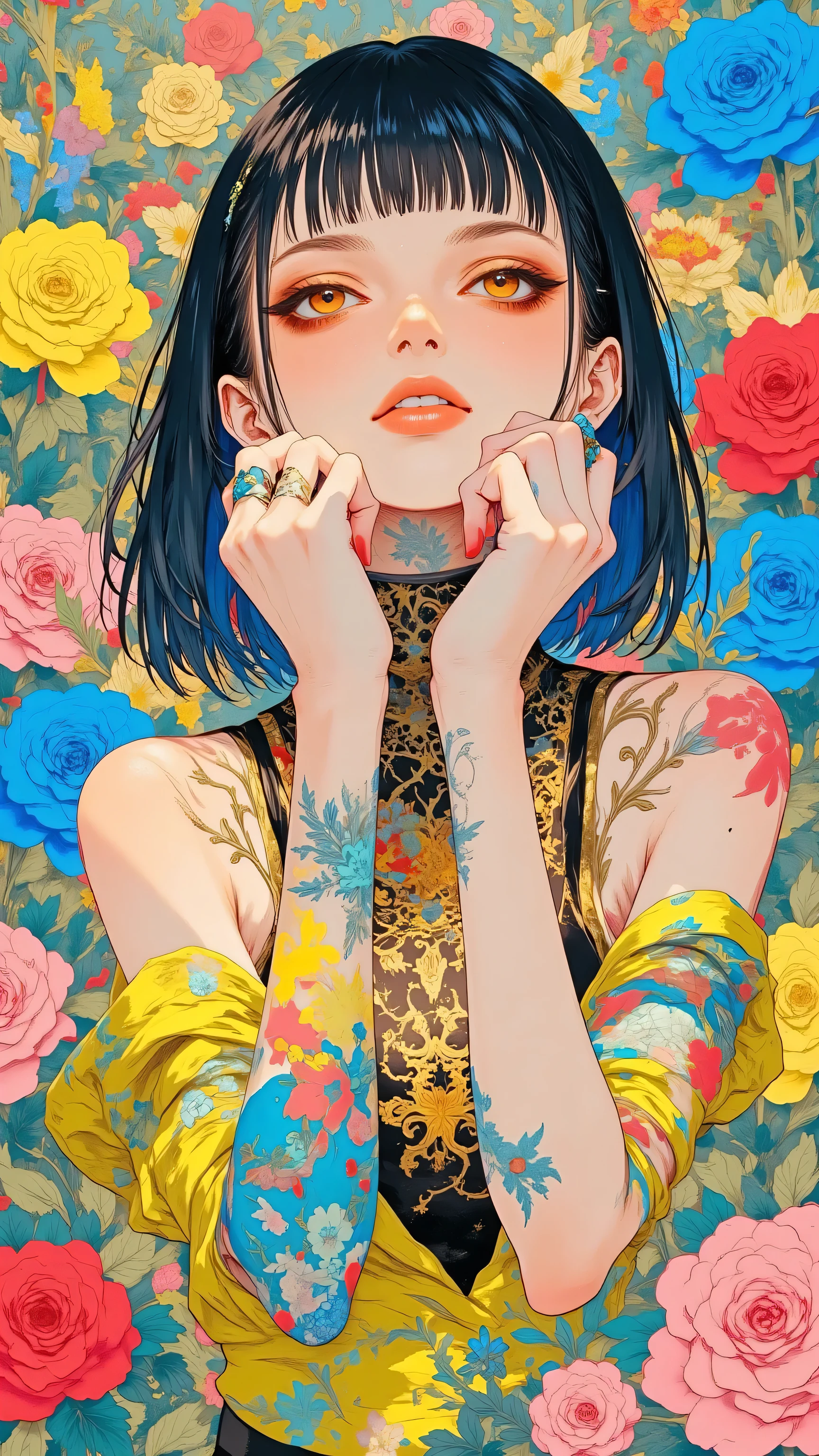 8k, masterpiece, highest quality, Korea's Beautiful Women, Red lips, black bangs, shoulder tattoos, yellow and black dresses, vibrant flower backgrounds, blue roses, colorful flowers, high contrast, vivid colors