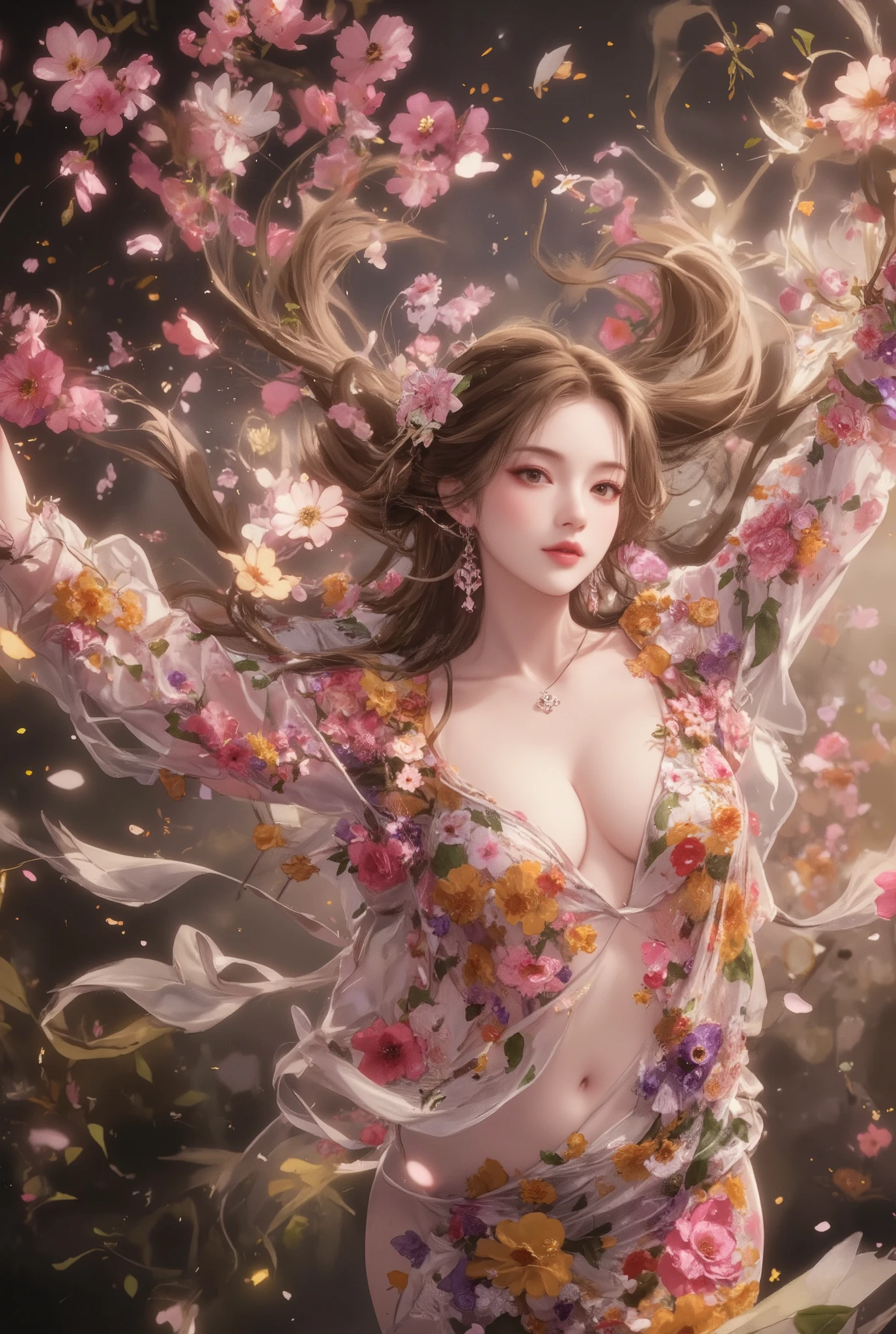 dress 、Woman dancing while floating in the air。Curvy is beautiful。 supple and luscious。Women's clothes are made of flowers 。 Countless flowers are dancing in the air。 colorful light