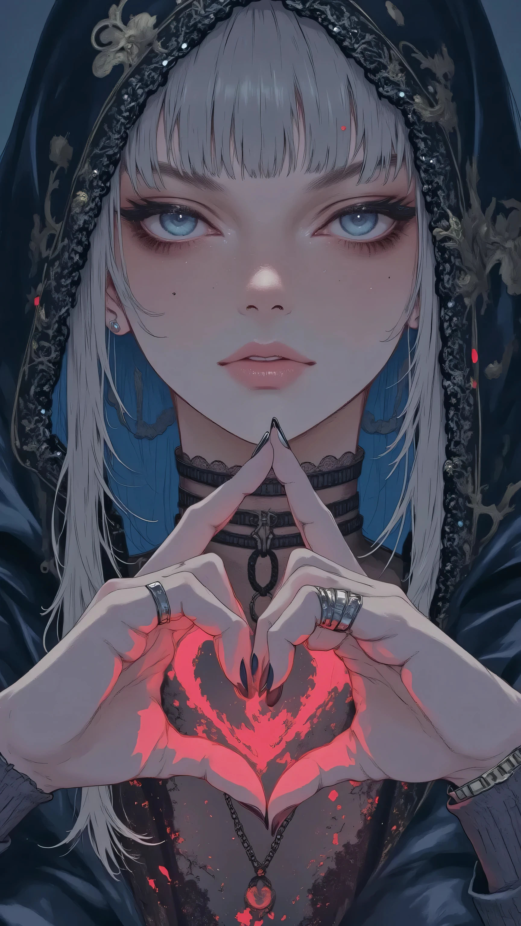 8k, masterpiece, highest quality, Korea's Beautiful Women, Close-up, frontal, fair, blue eyes, dark eyebrows, full lips, light hair, braids, dark hooded cloak, lace trim, clasped hands, glowing red heart, dark background, dramatic lighting.