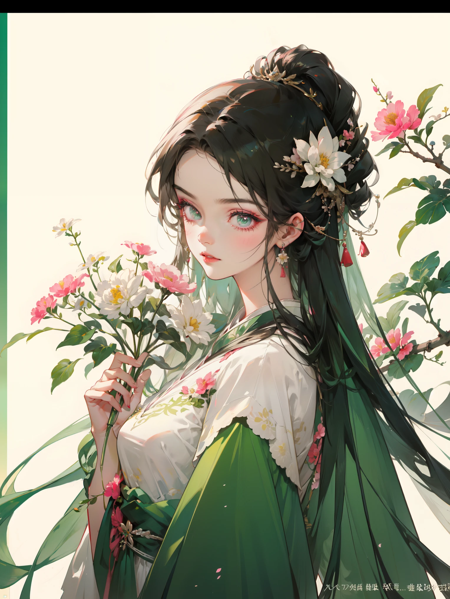 ( Masterpiece, Above, Best Quality , Official Art , Beautiful Beautiful :1.2), fantasy art style , Beautiful Character Painting , close-up of woman wearing green dress and earrings, fan bingbing, Chinese style, cheongsam , Chinese Queen , Inspired by Wu Bin, aesthetics, inspired by Huangchai , Thin long eye line accentuates eye line , simple background , Chinese modern clothing ,Dongsai meets Western ,( magic special effect : 1.3),Upper body,face,Flower effect ,pink