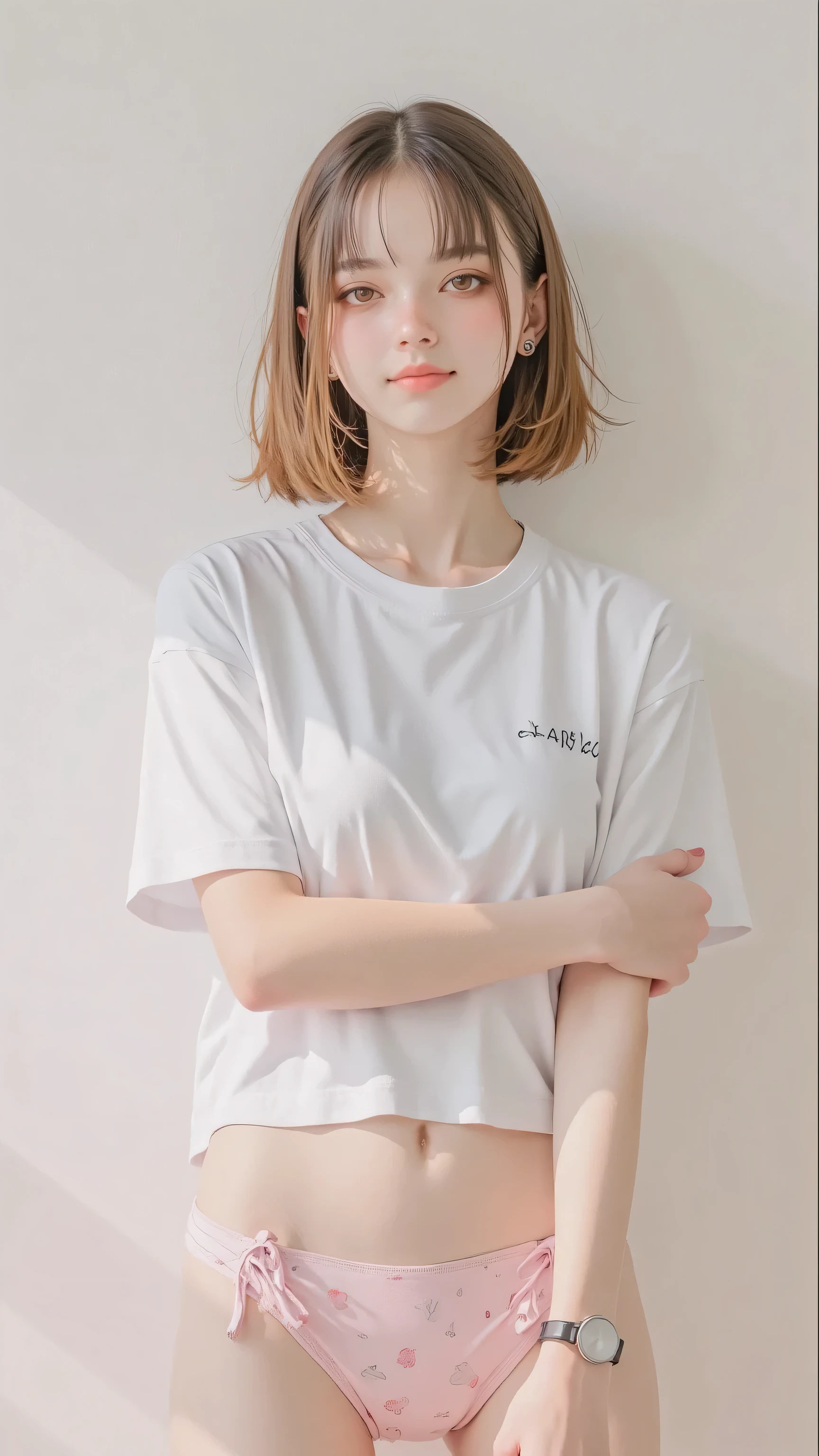 8k, masterpiece, highest quality, Korea's Beautiful Women, Close-up, front, shoulder-length, light brown hair, smiling, fair-skinned, white t-shirt, short-sleeved, pink thong underwear, heart pattern, low-rise, relaxed pose, arms crossed, plain background.