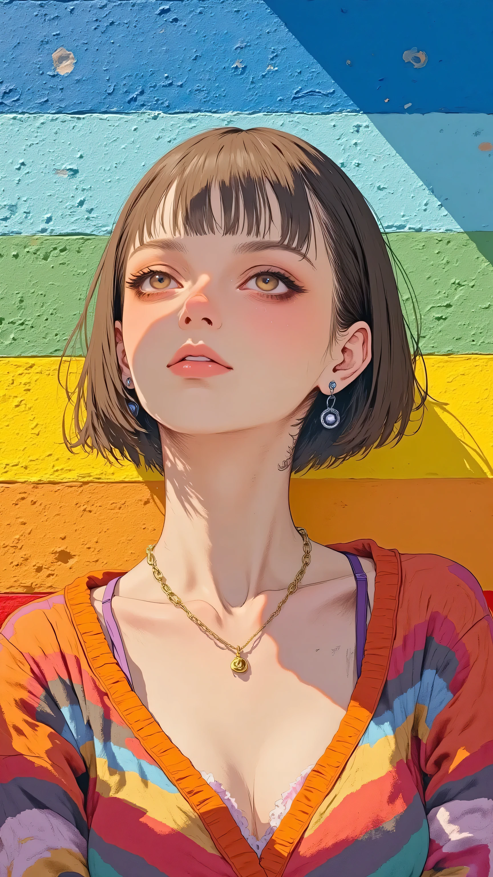 8k, masterpiece, highest quality, A portrait of a young woman with short brown hair, gazing upwards towards the right side of the frame. She wears a vibrant striped sweater with bold hues of red, orange, yellow, green, blue, purple, and pink. A delicate gold necklace with a small pendant rests just below her chin. The background features a gradient wall transitioning from blue to light blue, then yellow, orange, red, and deep red at the bottom left corner. A similar gradient wraps around behind her head, creating a harmonious blend of colors. The scene exudes warmth and serenity, with sunlight illuminating her relaxed expression.