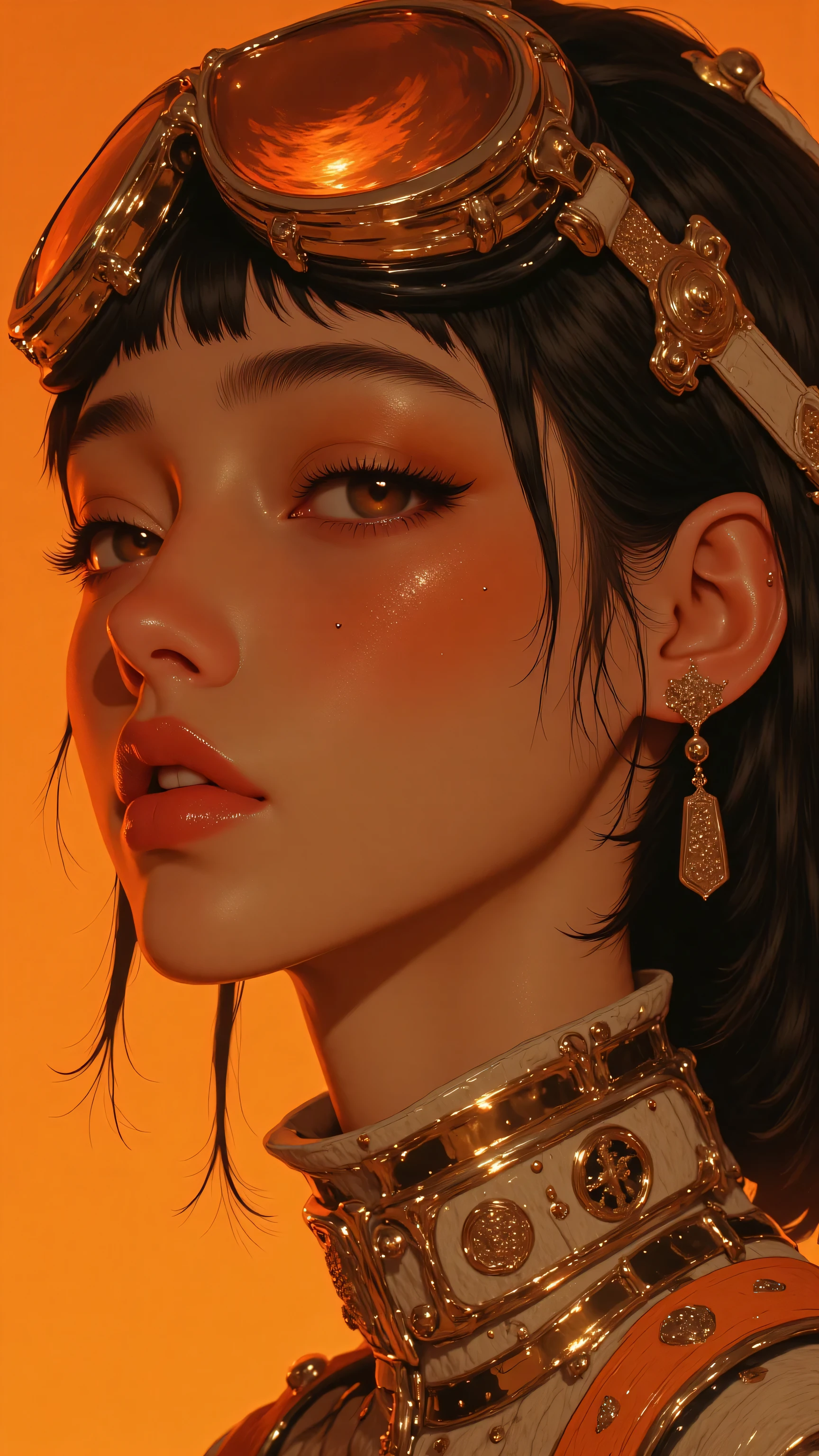8k, masterpiece, highest quality, Korea's Beautiful Women, close-up portrait, vintage pilot goggles, orange and gold tones, dreamy expression, soft lighting, detailed skin texture, retro-futuristic, nostalgic atmosphere, sun-kissed, artistic rendering, digital painting style, intricate details, warm color palette