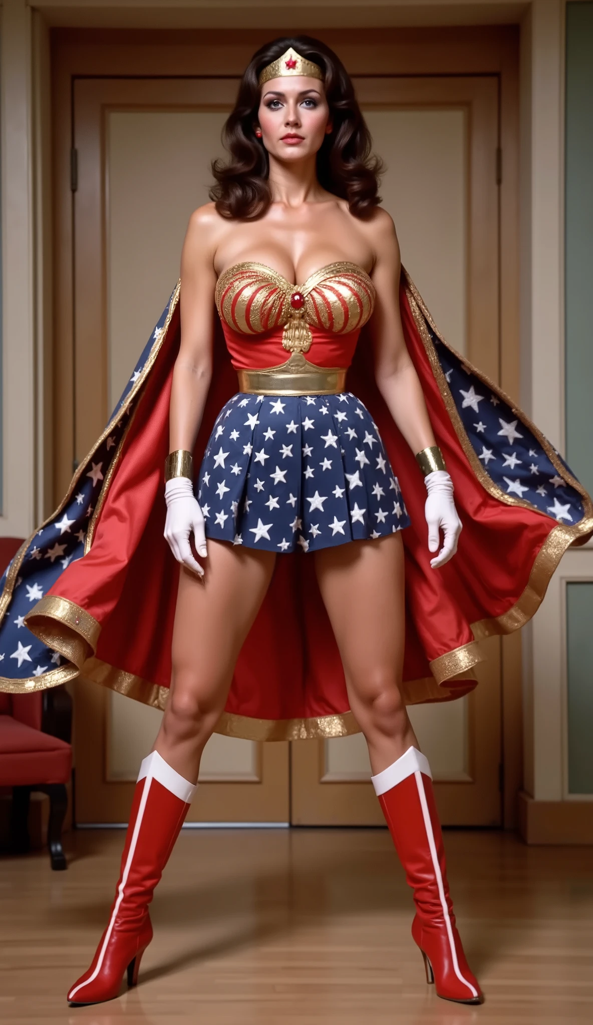 “1970s Lynda Carter as Wonder Woman in her iconic costume: a bold red satin bustier with a gleaming gold eagle emblem spread across the chest, paired with a star-spangled blue PLEATED skirt (white stars on navy fabric). Golden accessories include a wide belt, long white opera gloves and a tiara with a red gem center. Knee-high red boots feature white accents and gold details. The flowing cape is red, blue, white star-spangled, billowing dramatically with a subtle metallic sheen. Capture the retro ’70s aesthetic, Lynda Carter’s confident stance, and the costume's vibrant, heroic energy.”Pose: Mid-stride, cape swept back, hand on hip. Background: Sleek 1970s studio set with warm lighting. Texture: Shiny satin, metallic gold trim, and crisp star embroidery.
