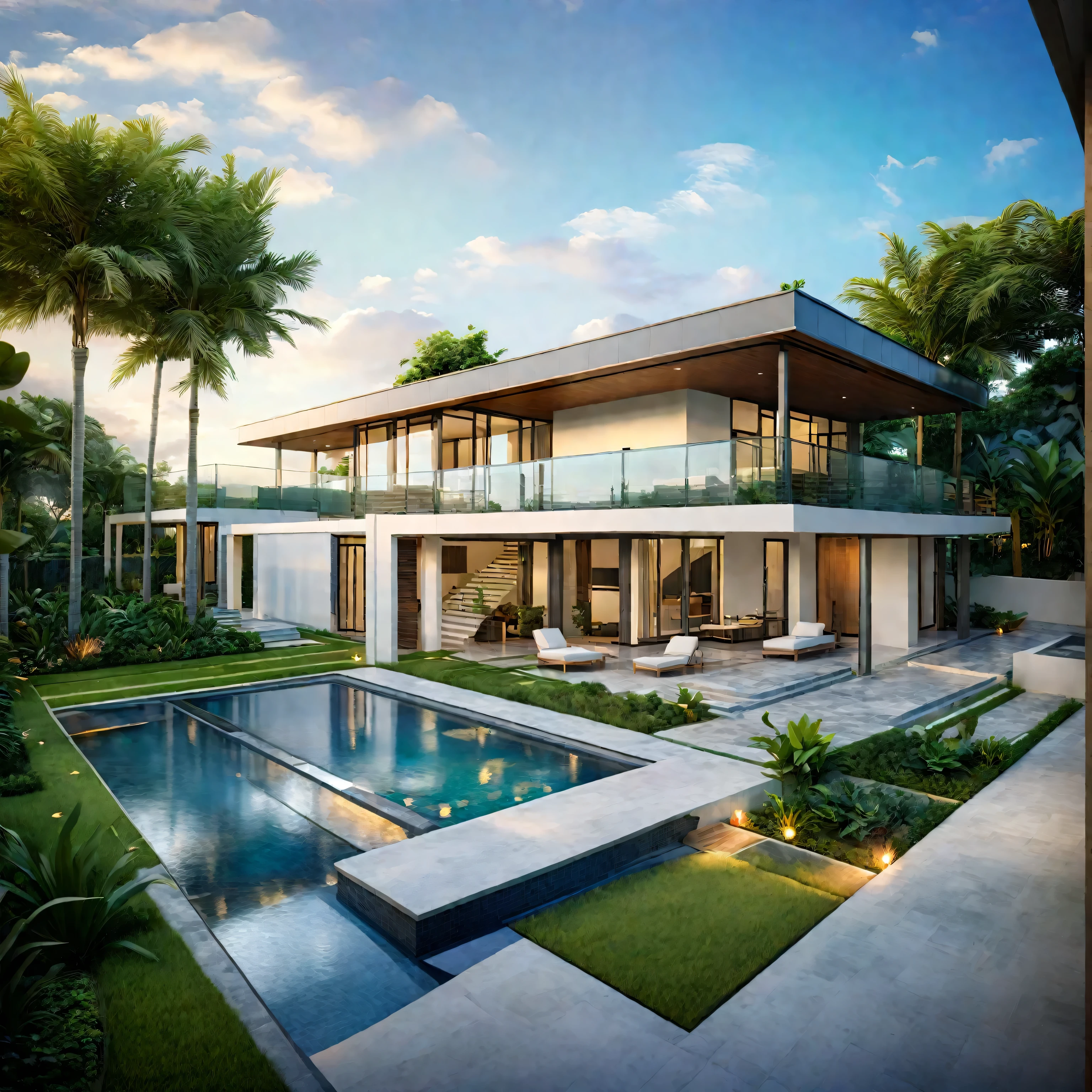 exterior of luxury villa, style modern with pool, streetcapes, clear sky, few cloud, interior warm lighting, morning sunlight,minimalist landscaping, featuring lush greenery, textured walls, and natural materials. The villa is set under a blue sky with scattered clouds, casting soft shadows, photorealistic rendering with high realism, (RAW photo, masterpiece, best quality,ultra-detailed, extremely delicate and beautiful, highresolution, best shadow:1.1)