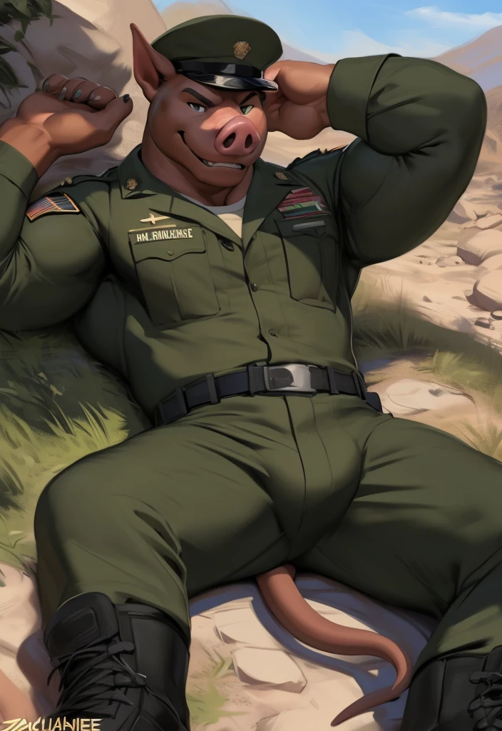 NSFW,Muscular man, defined body, Gold rings on every finger, Light blue gangster jacket, Black shirt under the jacket, Green long army pants, Brown military boots, Wicked Smile, Orange spiky hair, Messy Hair, short hair, Yellow Eyes, Big Mountain々Desert landscape with clouds, Scenery with monsters around,penis,gay