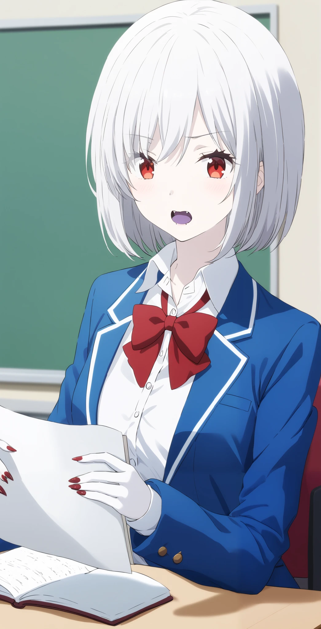 score_9, score_8_up, score_7_up, source_Anime, High precision, Anna, 1 girl, Alone, school uniform, red eyes, jacket, shirt, bow, white shirt, blue jacket, collared shirt, blazer, red bow, short hair , bowtie, bangs, Pure white hair, skirt, upper body, pure white and pale skin, has sharp fangs ,Purple tongue,classroom, surprised face,全身 pure white and pale skin, pure white hair,Red nails,Extremely sharp nails ,,vampire,vampire化小早川杏奈,Fingers5Books, bat wings grow from my spine,pure white and pale hair,Barely, serious face,machine, sitting on a chair,machineにノートと教科書を広げている,machineに筆記用具が置いてある,Clever girl ,Over FSIQ 500 ,瞳孔がvampire