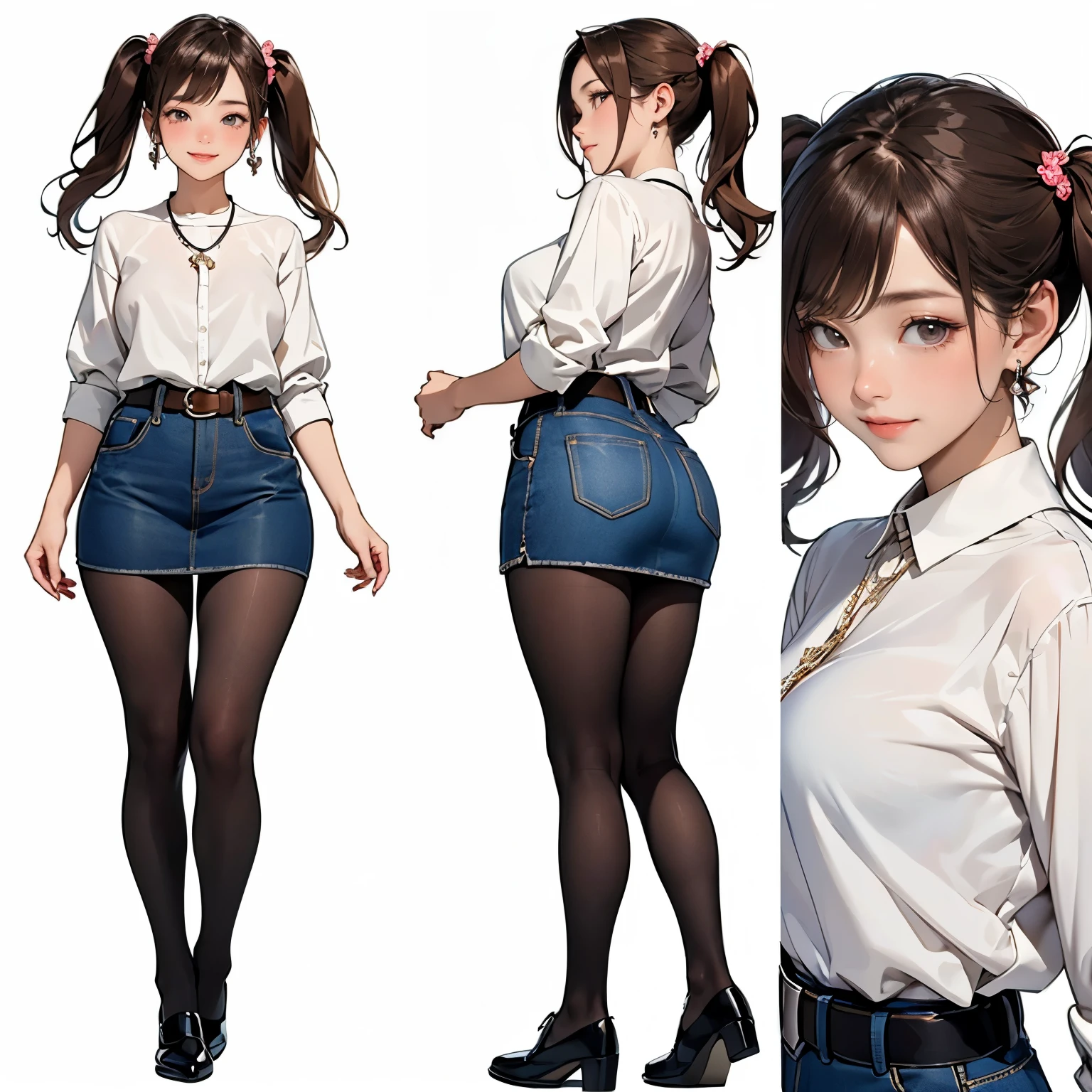 (same character reference sheet,same perfect clothes),masterpiece,Ultra-detailed,perfect face,bloom,20years old,(A very pretty Japanese girl standing straight),arms at sides,straight-on,wide stance,facing forward,square face,round jaw,happy smile,(cute almond eyes:1.2),(very short stature:1.2),(very fat body),natural breasts,beautiful white skin,laced blue blouse,mini-skirt,pantyhose,thick belt,shoes),low twin-tails,brown hair,necklace,earrings,happy,smile,Full body, (simple white background),(front view,back view,close-up face view,from a distance),perfect anatomy,simple background,