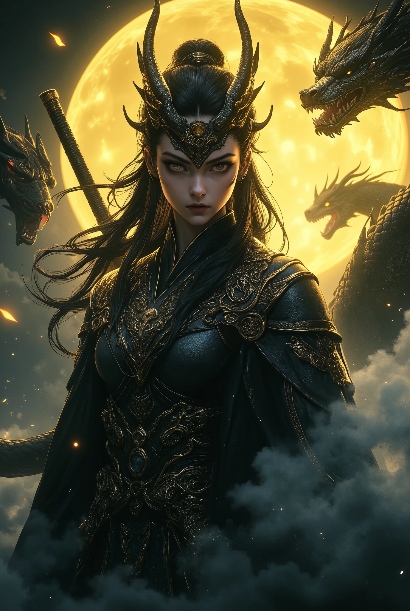 a beautiful detailed girl, 1girl, queen, warrior, chinese style, dragon queen, two sword, yellow moon, mist, low light, digital painting, (best quality,4k,8k,highres,masterpiece:1.2),ultra-detailed,(realistic,photorealistic,photo-realistic:1.37),concept art,cinematic lighting,dramatic colors,fantasy,surreal,intricate detail,chiaroscuro,moody atmosphere