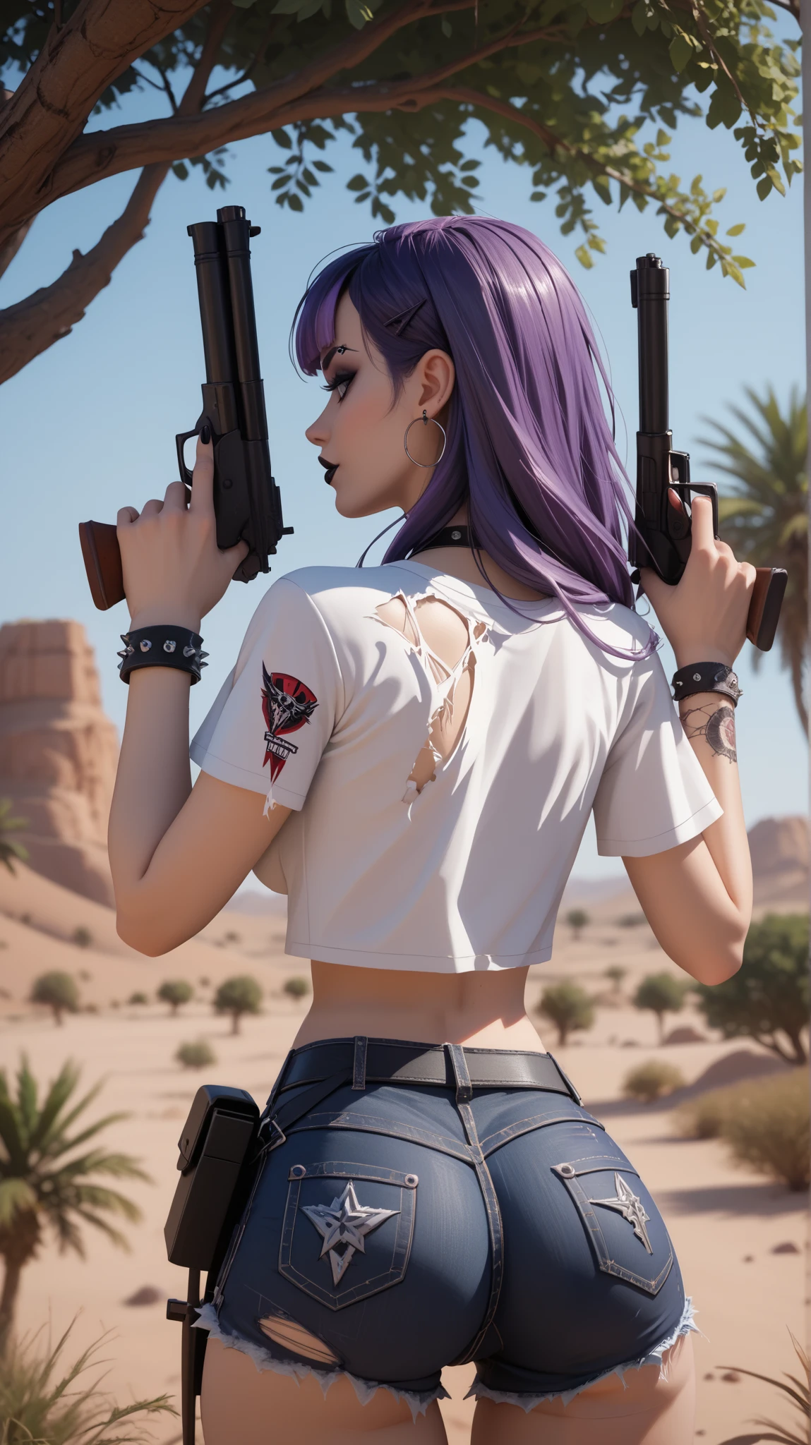 Goth girl, 19 years old, third-size tits, purple hair, perfect figure, perfect body, standing (rear view) and aiming at a tree in the desert (evening), dressed in tight torn denim shorts and a white T-shirt, two gun holsters on her chest, holding two revolvers
