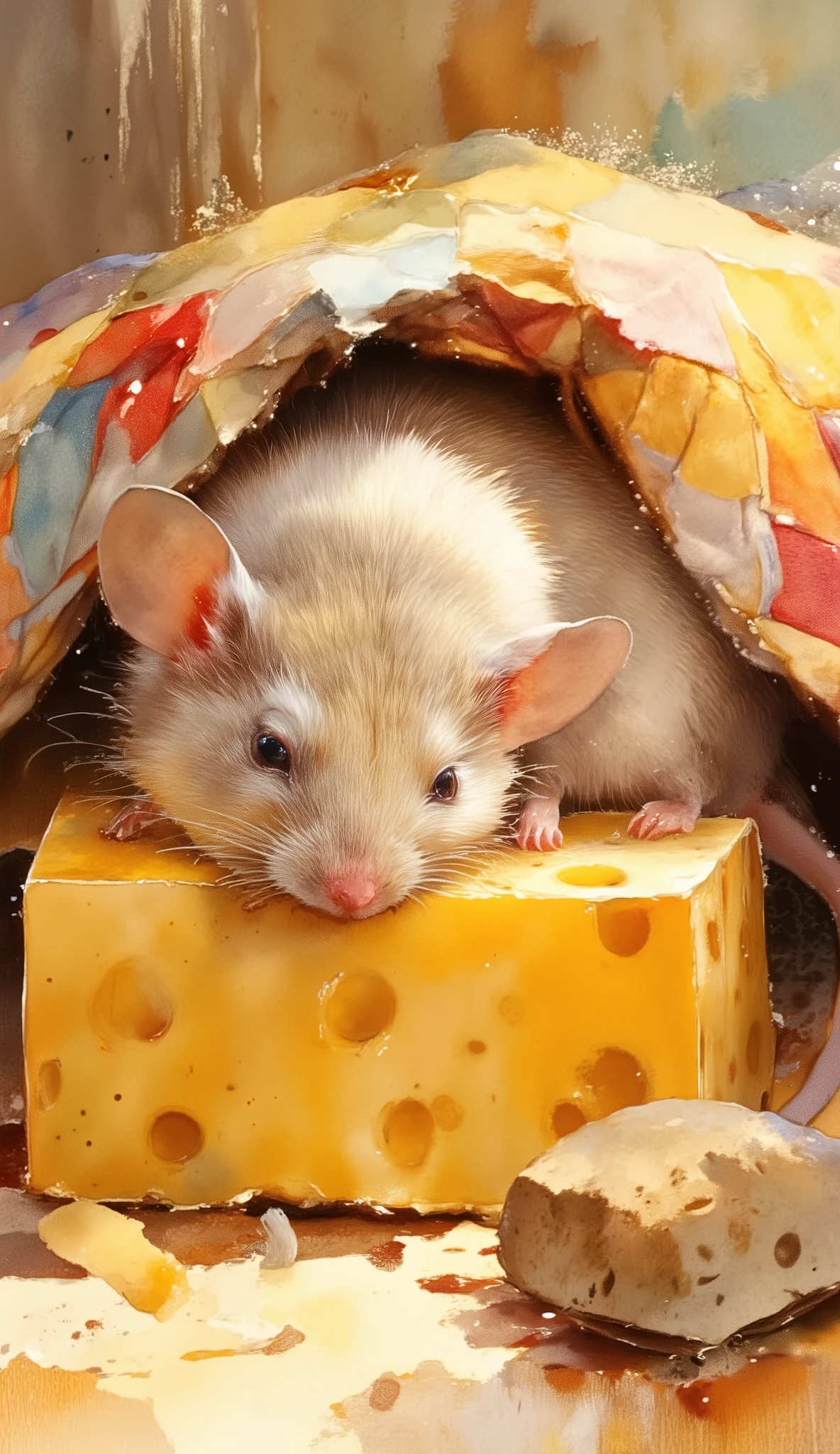 A charming, whimsical watercolor illustration of an adorable little mouse peacefully asleep inside a hollowed-out block of cheese, nestled comfortably under a beautifully quilted blanket. The cheese has intricate textures, with tiny holes and a rich golden hue, adding depth and warmth to the scene. Delicate patterns adorn the cozy quilt, showcasing vibrant colors and fine stitching details. The mouse, with its soft fur, tiny whiskers, and peaceful expression, looks irresistibly cute and heartwarming. The scene is filled with enchanting details, creating a delightful and visually captivating composition that exudes charm, coziness, and storybook-like magic.
trending on Artstation highly detailed fantasy intricate very attractive beautiful 4K 3D crisp quality colourful very cute watercolor fine art rich colors visual impact incredible artistry with realism vibrant multidimensional colors textured pointillism hyper-detailed textures Detailed architectural elements Unstructured Maximalism enhanced expressiveness actual depiction of movement, motion & flow Unity Render Texture 3d textured Ultra filigrane texture of fine lines 8K, UHD, HDR, HQ, 500 pix, highly detailed 4K 3D highly detailed highly detailed beautiful intricate fantasy very attractive highly detailed highly detailed fantasy highly detailed highly detailed beautiful fantasy vibrant depth dreamlike complexity vivid 3D world
