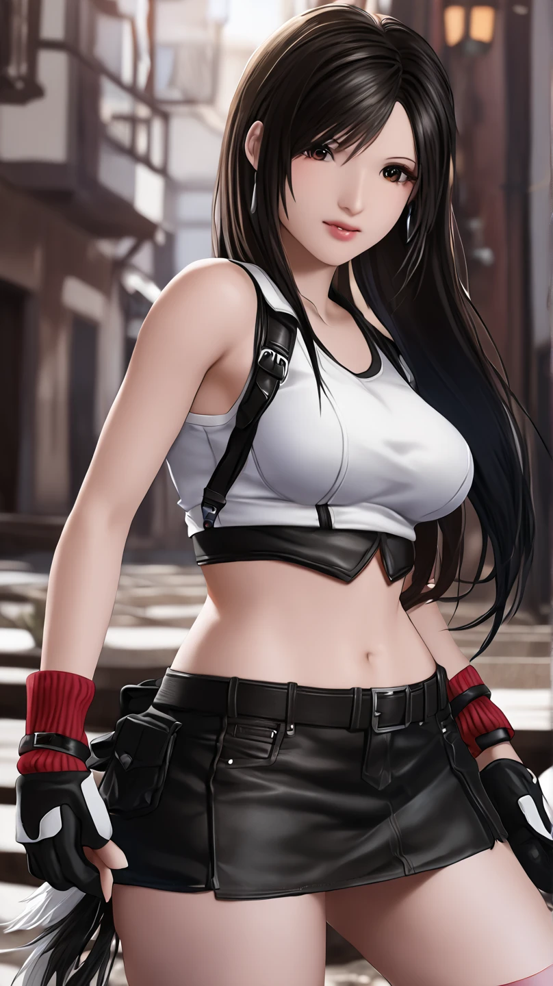 score_9, score_8_up, score_7_up,,BREAK , ,from front,front view,below angle,,standing,contrapost,upperbody ,,straight-on,Solo,1girl, tifa lockhart, final fantasy,ultra beautiful ,black hair, low-tied long hair, red eyes, bangs, (white tank top,gap),High exposure,Belly exposure,the ribs,(belt, pleated skirt, thighhighs, elbow fingerless gloves, elbow pads, midriff, navel,suspenders.skirt),beautiful waist ,((large_breast:1.3)),light smile,,hand on own hip,daytime,outdoor,(ultra detailed),(best quality),(aesthetic,very aesthetic),UHD,photorealistic,game cg.extremely detailed CG unity 8k wallpaper,anime,depth of field,,,