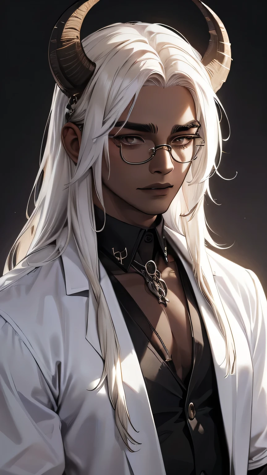 Adult man, muscle , dark skin,glasses, two goat horn,long white hair, white eyebrows, white eyeless, yelow eye, white blouse gothic , fantasy, gothic theme