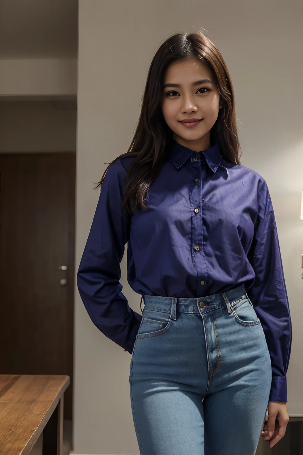 Arafed woman in a blue shirt and jeans standing in a room - SeaArt AI