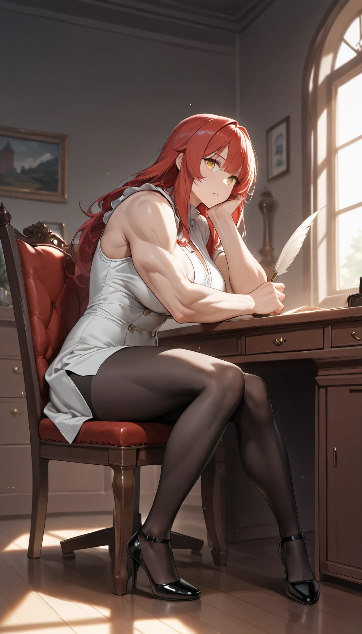 sfw, masterpiece, Best Quality, High resolution, detail hands, detail fingers, detail face, detail leg, perfect lighting, (1girl, solo, detail girl, 20years old girl), cute girl, (red hair, long hair, yellow eyes, large breast), (lord's gown, black pantyhose), (fantasy, room, lord's home office, parchments, desk, chair, window), (7 feet tall), (muscle:2.0, muscular:2.0), (sitting on chair, with quill pen)