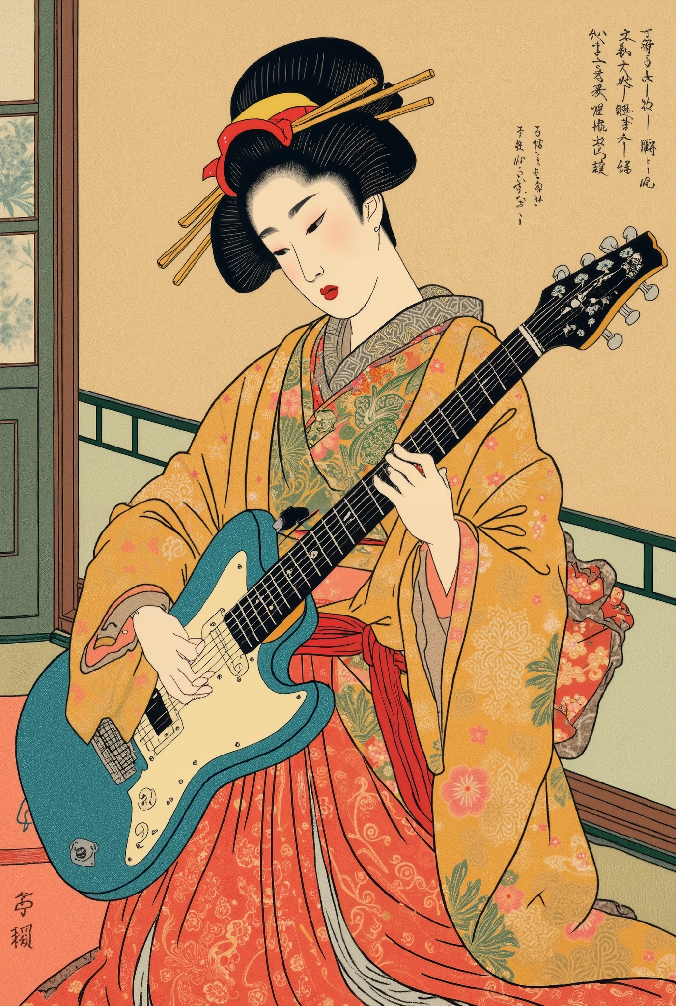 Ukiyo-e style, A maiko in a kimono plays an electric guitar on stage, Ukiyoe on Japanese paper, Kimono, flat color anime, fushihui, headshot, (upper body, half body photo).