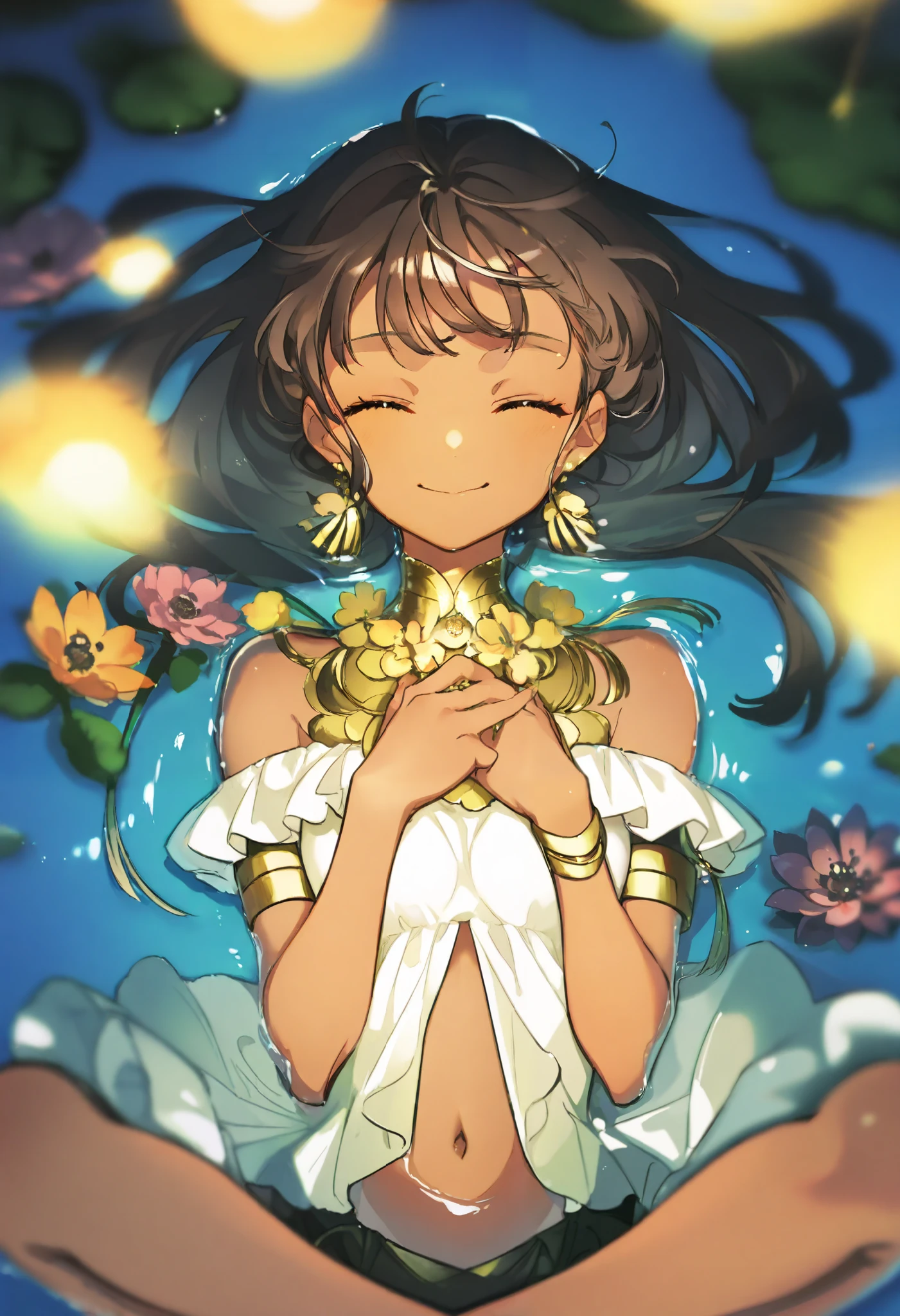 Flower 1 .2,of, cute beautiful girl,单人 独自of, Brown Skin ,Indian style,Navel,Off-shoulder dress,Gold decoration ,Armband,,, long hair, Jewelry, upper body, blurry, , closed eyes ,水中of奥里菲娅, figure submerged lying in the water,Smile,Legs straight, hands on chest,night, blurry,Depth of Field,披散of头发