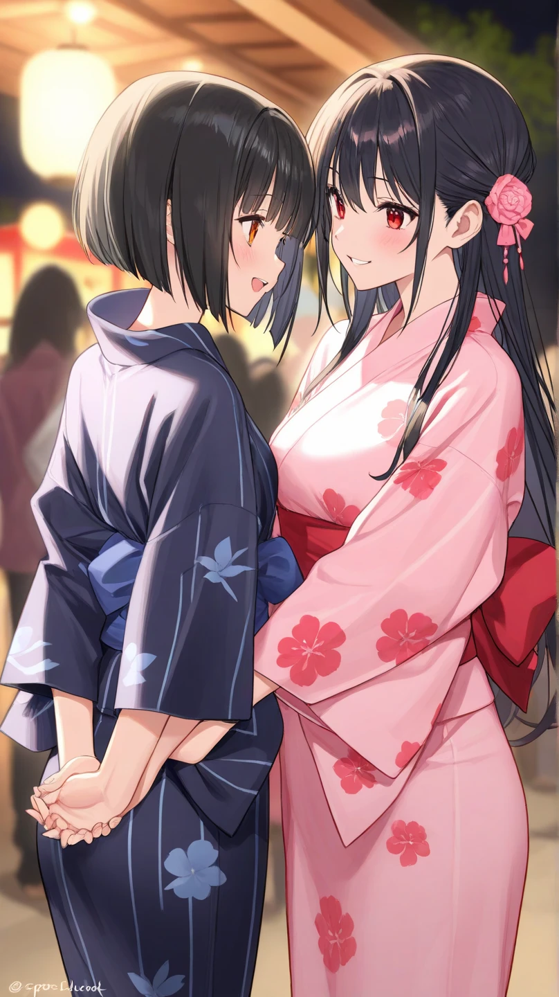 Beautiful sisters Height difference yukata Black Hair Summer festival night White panties Holding back tears