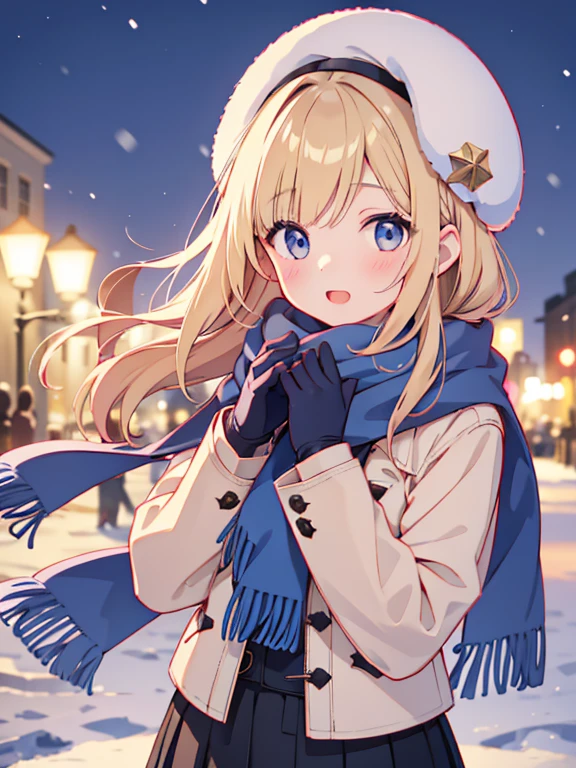 Solo Girl, 10yo, has long wavy blonde hair、  happy,pea coat,beret, fluffy scarf , maxi skirt  , outdoor, winter,snow,  top quality,  high res,  extremely detailed,  detailed background,  perfect lighting、 Perfect Face、（ depth of coverage）、 sharp focus、Diffuse lighting