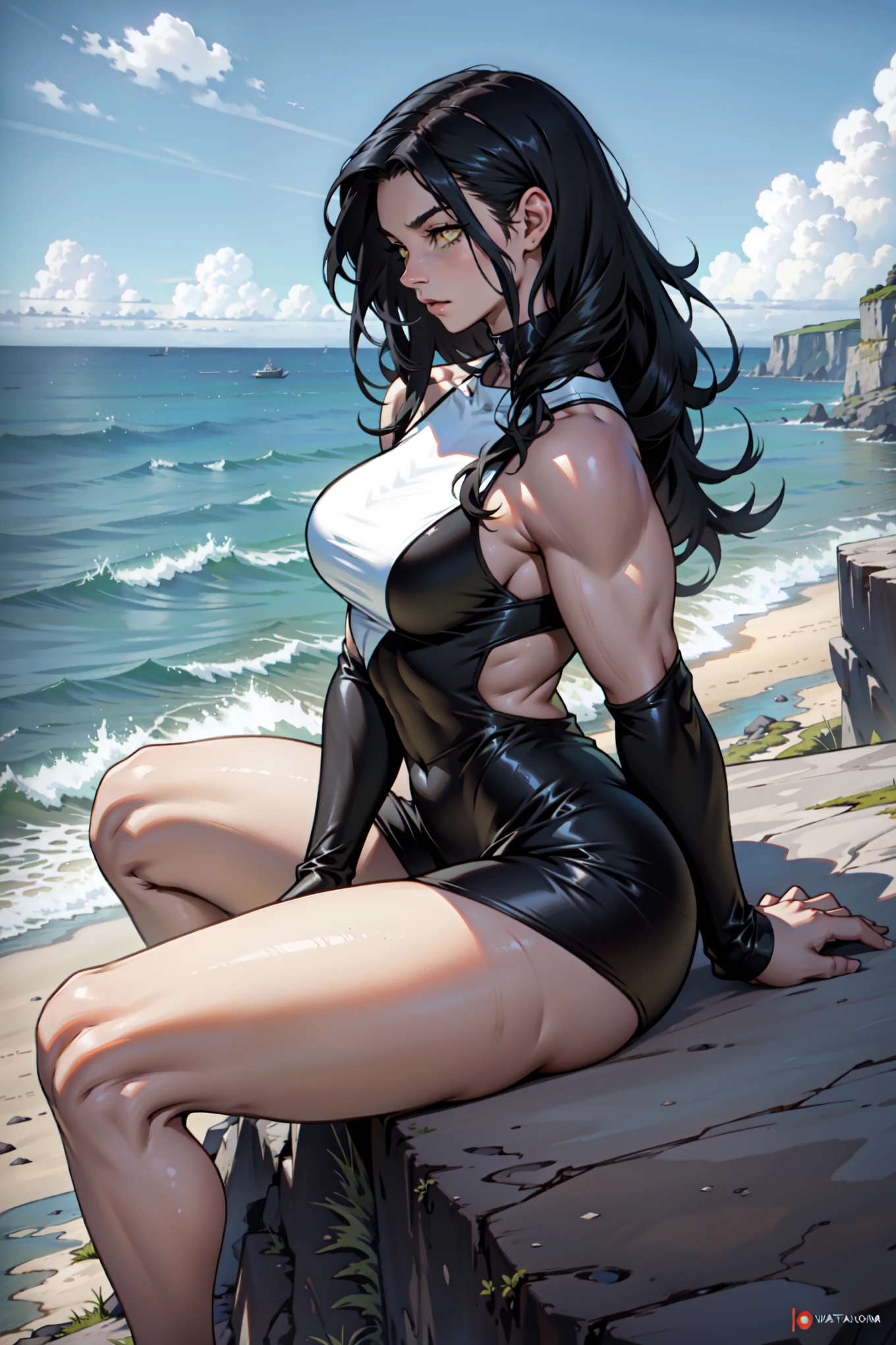 1female,45 yers old,Huge breasts, 独奏, Templars,head band,armour, Beautiful legs and buttocks ,Wearing white court-style armor,the ocean, She has long flowing black hair, ,Sateen,Bigchest, From the front side, Wet straight hair, Sweating profusely,mostly cloudy sky,(tmasterpiece),(Very detailed CG unity 8K wallpaper),best qualtiy,cinmatic lighting,detailed back ground,beatiful detailed eyes,Bright pupils,(Very fine and beautiful),(Beautiful and detailed eye description),ultra - detailed,facing at camera,A high resolution,ultra - detailed),Very long hair,legs are open,standing on your feet,Emotive expressions,Open-mouthed,Shyness and smiling,Chest sagging,Camel toes,with no underpants,extremely large bosom,Expose the lower body,revealing breasts,Shoulders exposed,Extremely colorful,Most detailed,fully body photo,The face is well lit