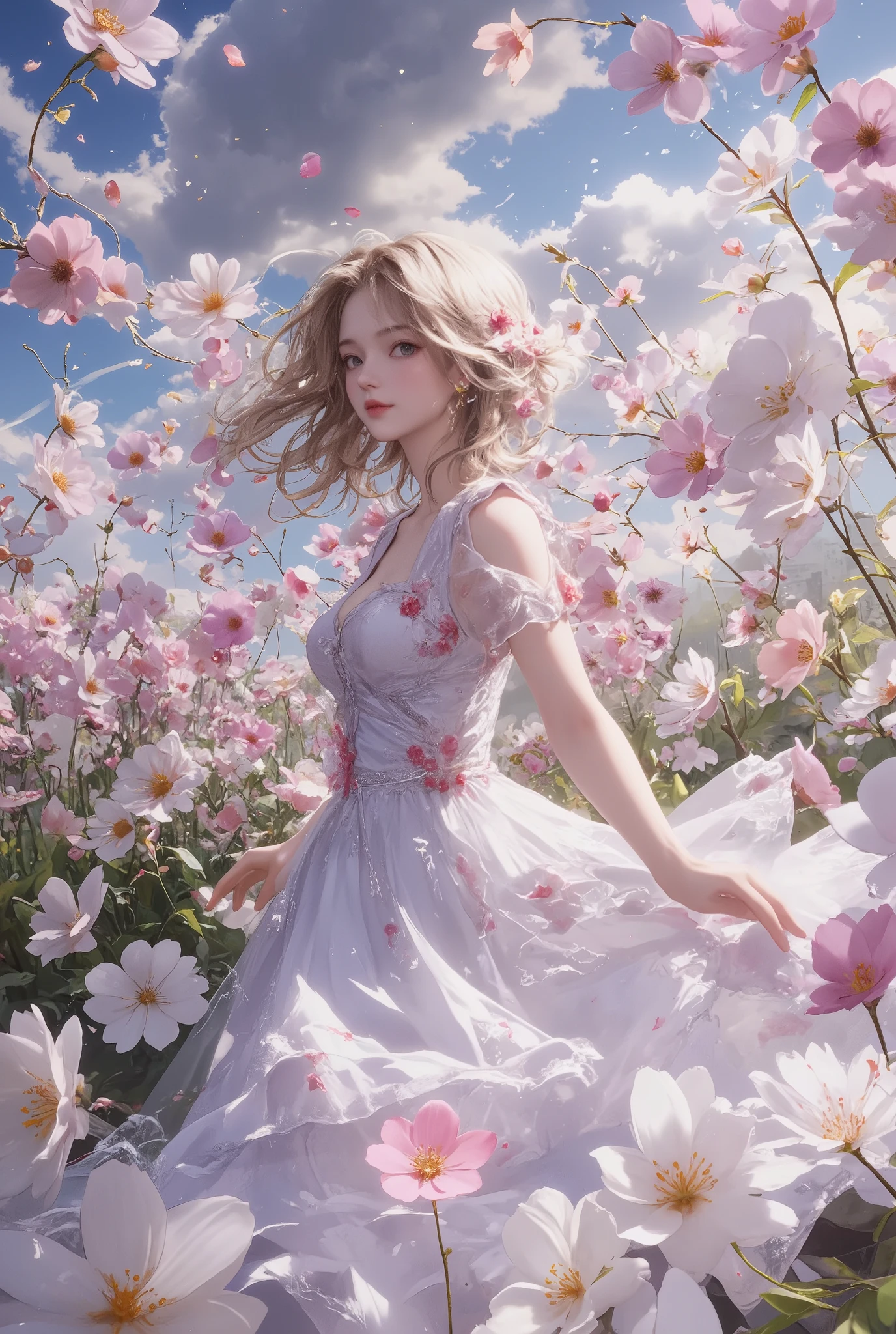 masterpiece、 Best Quality 、 ultra detailed 、 dress 、 is floating in the air while heading to a certain place。Curvy is beautiful。 supple and luscious。Women's clothes are made of flowers 。Countless colorful flowers are dancing in the air。