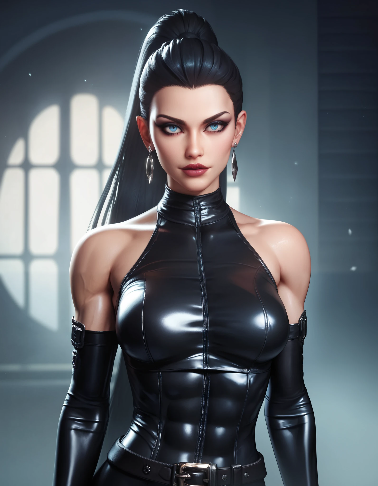 Upper body photo, (portrait:0.7), photo of 25 year Gina Carano with black hair, topknot, ponytail, looking at viewer, (wearing latex strap harness), (detailed eyes:1.1), dominatrix, futuristic, straight angled lines, spaceship interior, neon advertisements, (smiling:0.5), (dramatic lighting), cinematic lighting, volumetric lighting, subsurface scattering, backlight, chromatic abberation, bloom, 4k, depth of field, masterpiece, artstation hd, wind, clean, particles, ray tracing,
<lora:DiffusionBoxGinaCarano:0.65>