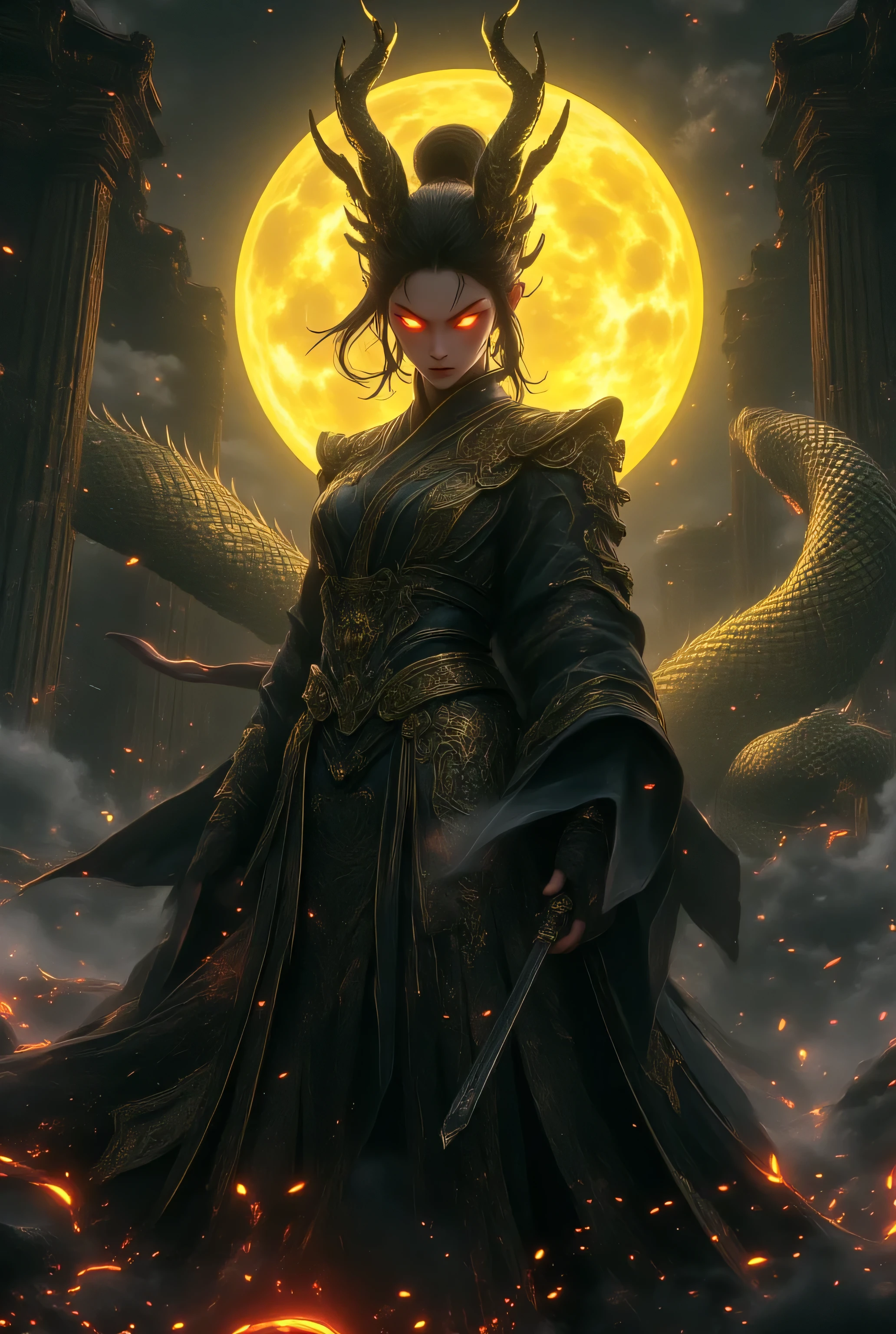 a beautiful detailed girl, 1girl, queen, warrior, chinese style, dragon queen, two sword, yellow moon, mist, low light, digital painting, (best quality,4k,8k,highres,masterpiece:1.2),ultra-detailed,(realistic,photorealistic,photo-realistic:1.37),concept art,cinematic lighting,dramatic colors,fantasy,surreal,intricate detail,chiaroscuro,moody atmosphere
