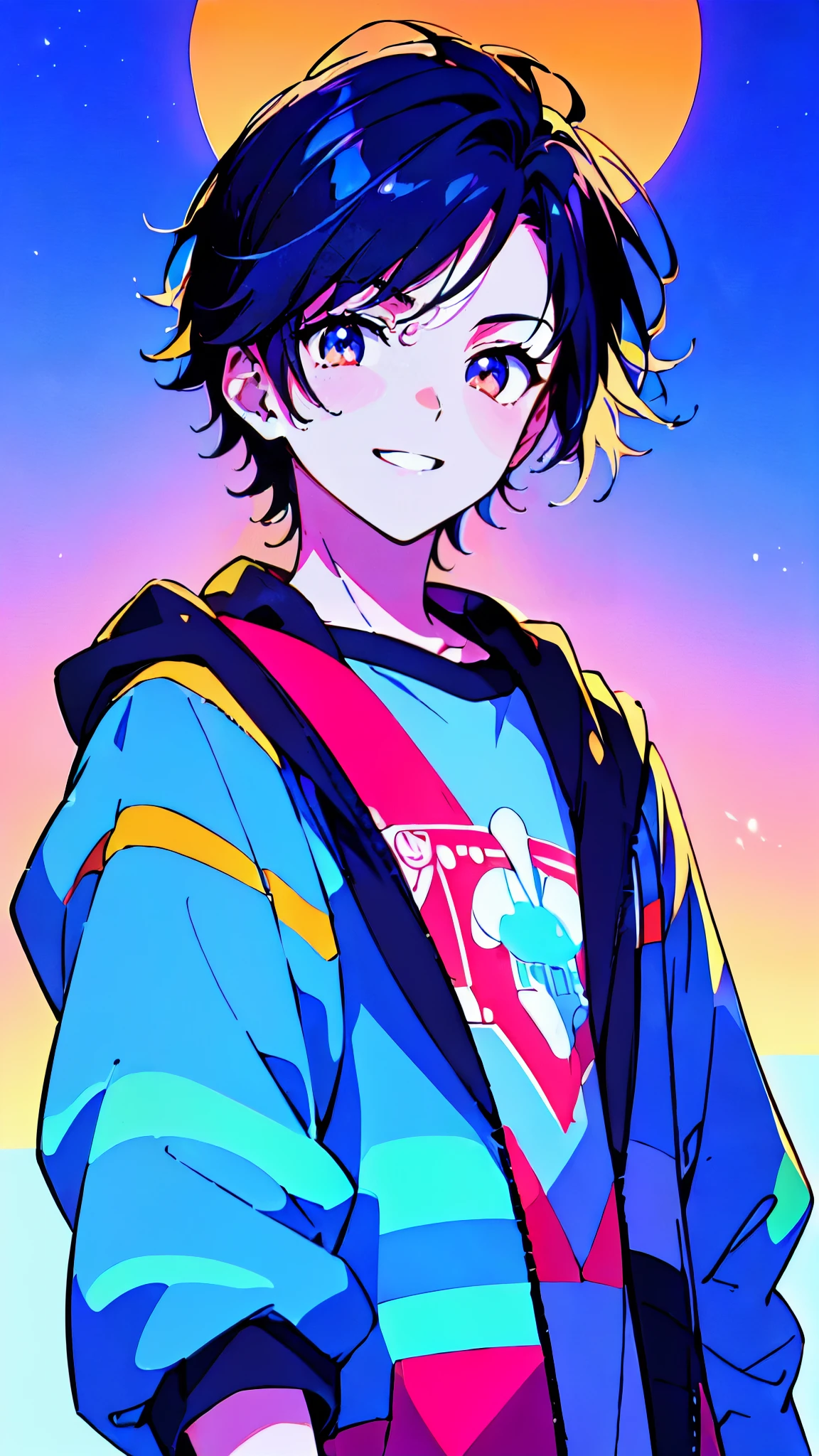 [(VAPOR WAVE BACKGROUND:1.5),::5], ((((masterpiece)))), high quality, ultra very high resolution, full color, (((solo))), (( boy)), (men's Short Black hair), (Blue streaked hair), (Sunset Orange eyes), anime, ((upper body)), Summer clothes, neon light, black parka, smile
