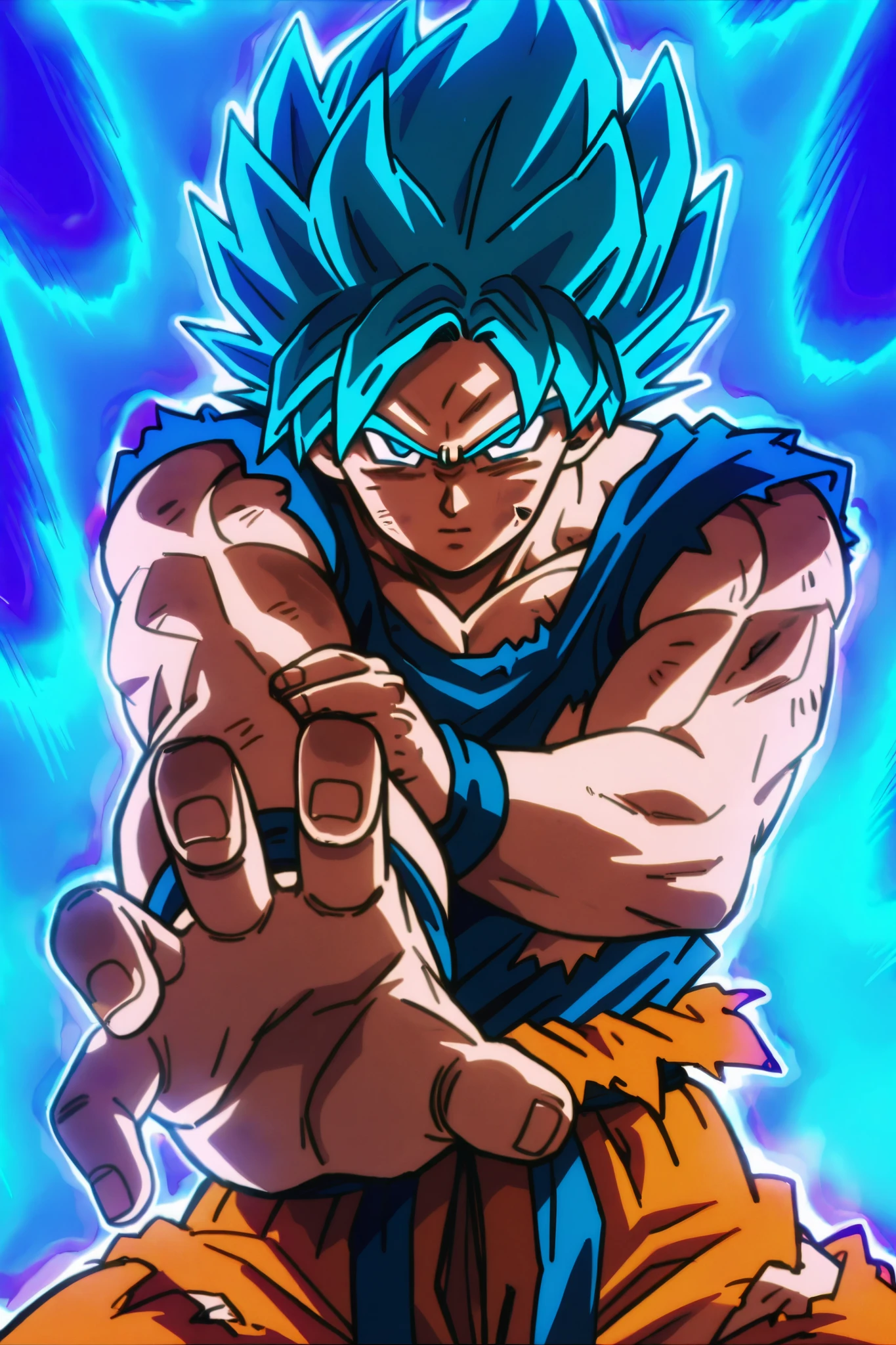 masterpiece, best quality, foreshortening, solo, looking at viewer, blue eyes, 1boy, blue hair, male focus, torn clothes, muscular, spiked hair, wristband, serious, fighting stance, aura, dirty, dougi, super saiyan, dirty face, son goku, blue aura, ,