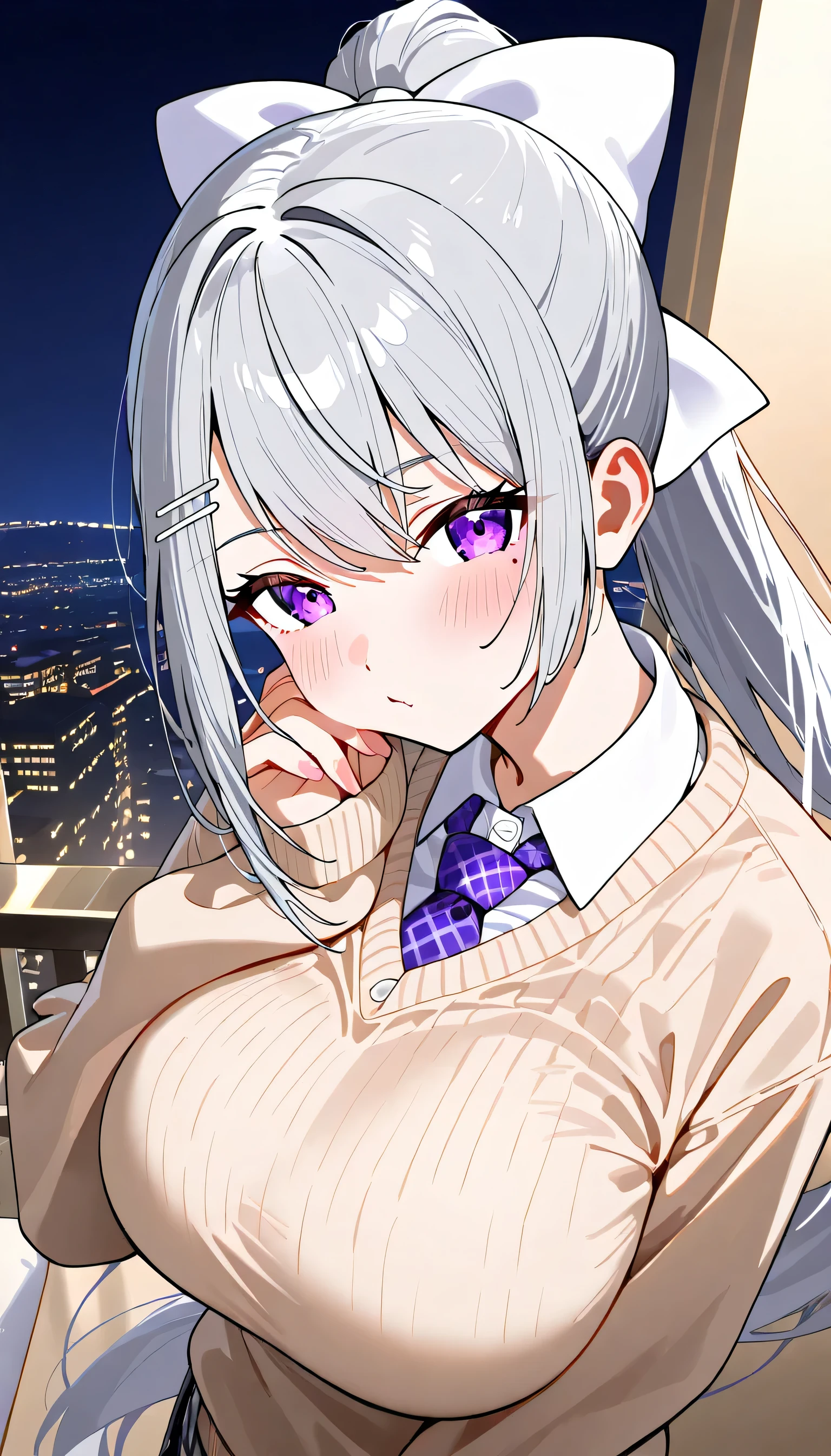 ((top quality)), ((masterpiece)), (Details), 1 girl, solo, Higuchi Kaede/(Nijisanji/), gray hair long to the waist, ponytail, white ribbons, looking at viewer, (big breasts:1.1), (from head to toe:1.3), slender, (super cute :1.3), (school uniform with beige sweater of outer:1.3), (beautiful skin), hotel, night, standing, upper body, from straight-on