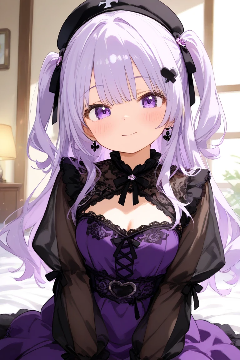 Fox Girl, Big Breasts, Voluminous purple hair, masterpiece , Red eyes、Double teeth、tooth、Blushed cheeks、 hd, from head to chest, buried in my chest、Underbust, 、Cleavage、backstyle