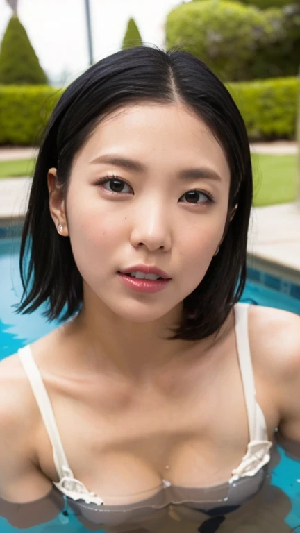 best quality, masterpiece, ultra high res, (photorealistic:1.4),RAW photo, close-up shot, 1 girl, 12yo, smile, bikini and flat chest, shiny hair, big eyes, white and translucent skin, slightly flushed cheeks, thin lips, playing in city park