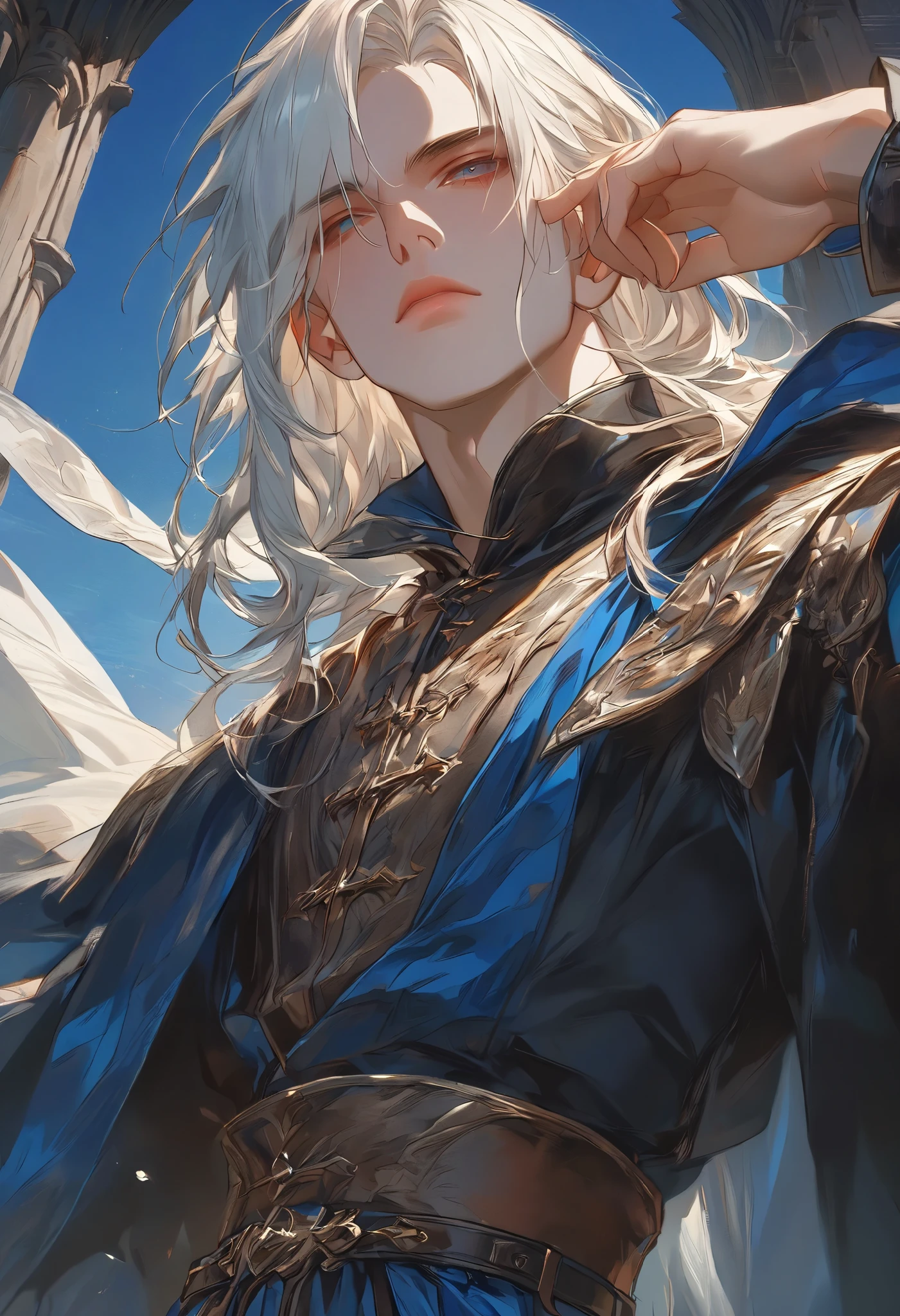 Handsome nerdy male, Man in medieval europe cloth, medieval europe style, white hair, dark brown skin color, Strong shoulder width, detailed background, (masterpiece:1.21),(bestquality:1.21), 8k, high detailed,ultra-detailed,anime semi-realism, highly detailed illustration, face through torso, solo, physically-based rendering,depth of field,(low saturation:1.3),(1boy;1.4:1.1),model(random_color_clothing:1.45),(random stylish pose action:1.1), (random view shot)