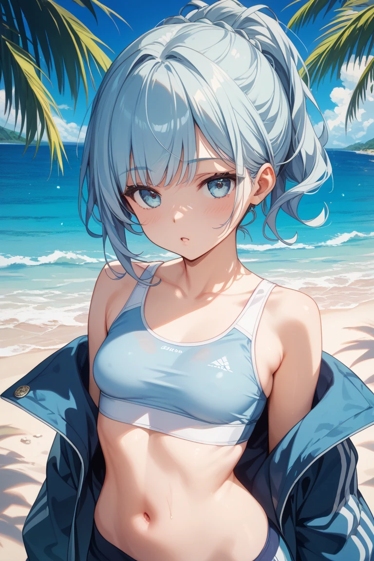 school swimwear、Acme Face、Random pose、Medium Hair、、、Silver Hair、Pale blue eyes、nsfw、Highest quality、1 girl、solo、Ocean、Sandy Beach、Sexy pose、Random pose、Blushing、Wet、Embarrassed、I can see half of my 、School Swimsuit
