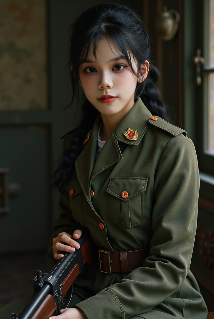 Very detailed CG unity 8K wallpaper，（tmasterpiece），（best qualtiy），（ultra - detailed），（Ultra photo realsisim），（best character detail：1.36），Nikon D750 f / 1.4 55mm，profesional lighting， physically-based renderingt, 1girll, Female soldier，army suit，Green military uniform，Fabric texture military uniform，Pure white lining，Dark green tie，bucket-hat，Black hair，the golden ratio,[:(com rosto detalhado:1.2):0.2]:,PureErosFace_V1, broad shoulder,(Bigchest:1.5),(big assa:1.5)，Soaked with sweat，Place your hands on your chest，red flags，At the cafe，Splendid scenery，bright sun，upper body photos，Flag of China，A bright smile，White teeth，lighting，Contre-Jour，