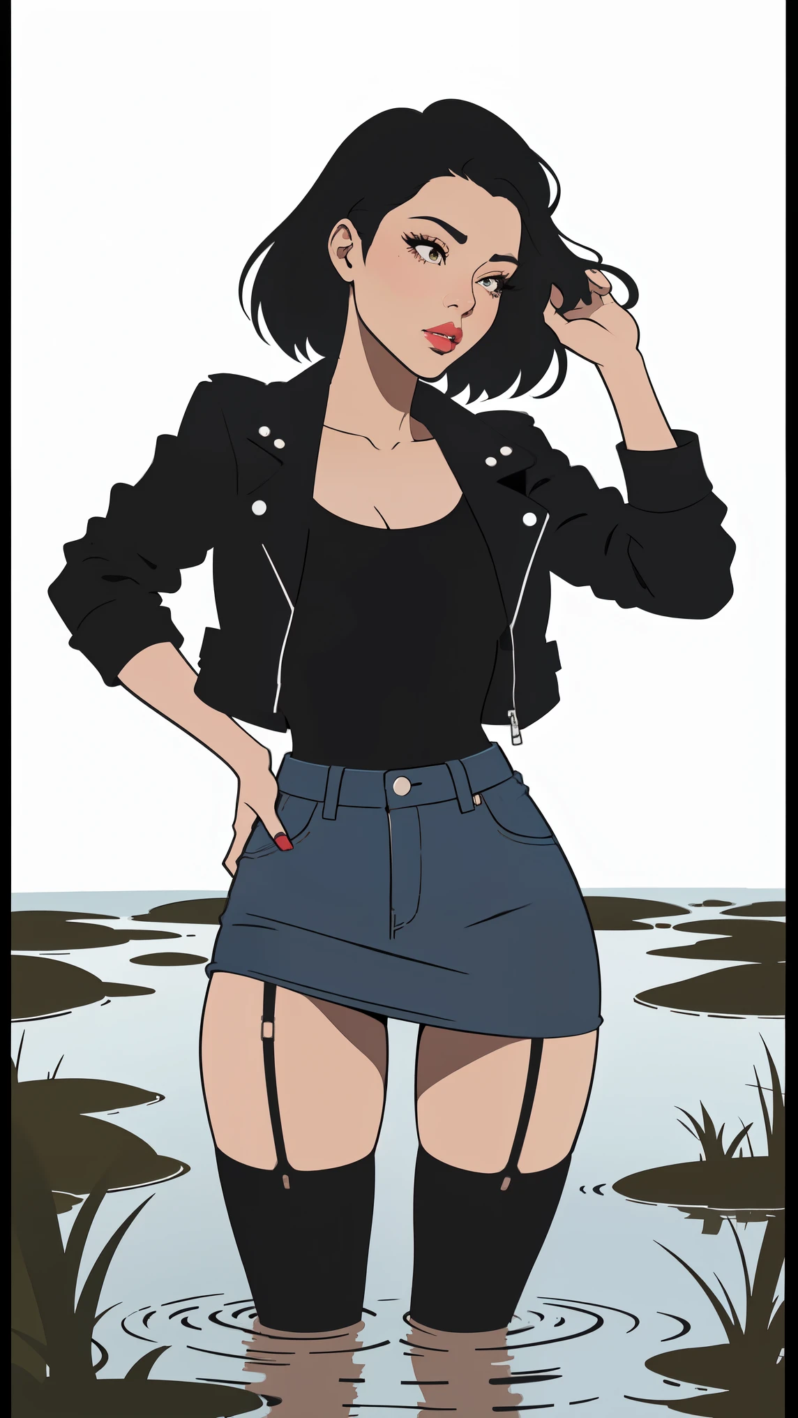 passionate vulnerable diva , simple vector illustration , Exquisite lines, standing, denim skirt , black top, nylon stockings with garters , leather jacket , drowning in a tiny bog , artistic composition , lips, white background, desperate dynamic posing