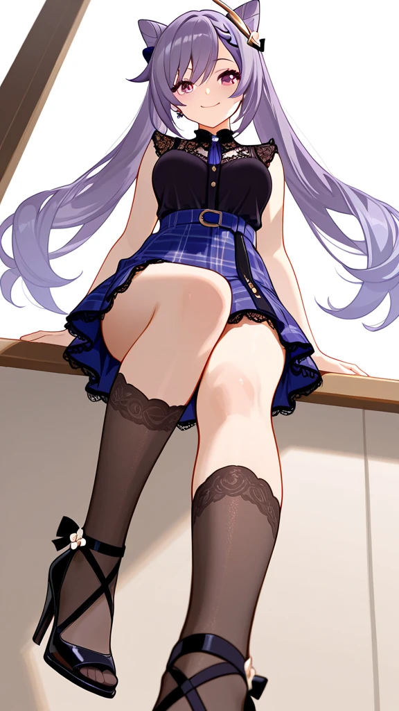 1girl yuuka default skirt pantyhose hello solo purple_hair shirt Downwear id_Card Black_Footwear Long_Hair is white_shirt blue_Eyes Look at the butt_in_Viewer 2_~ side_Up pants black_Skirt Paper High_High heels holding down panties_Down_Pantyhose with black bangs_Pantyhose Box Blush Office_Women's Shoe Straps Thigh Bands_pantyhose squinting pleined_Skirt, chest, indoor, chair, full_Body Mini Skirt Long_sleeves medium_Collar on chest_shirt