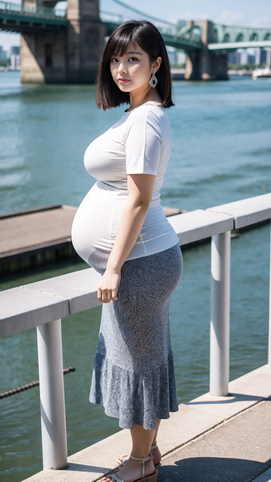 Beautiful woman, curvy body shape, wide waist, fitting breasts, (huge pregnant),curvy accentuated booty, pigtails, light smile, glasses, baseball cap, taniaayusiregar, transparent summer dress, sneakers, posing for a picture, small Mountain village in background, photorealistic, Masterpiece, bokeh, summer, High angle shot