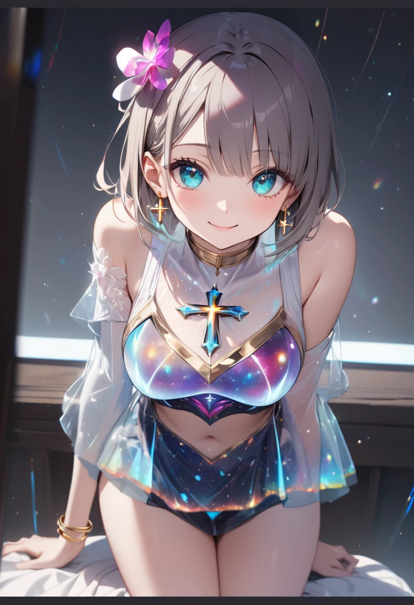 high image, super detail, high resolution, anime, manga, illustration, fantasy, super intelligent beauty, amorous expression, seductive look, melting facial expression, laugh like a prankster, happy, shy, messy white hair, sparkling blue eyes, red lips, half open mouth, huge breasts, under boob, great proportion, perfect proportion, slender, full body, camisole dress, flared mini skirt, roll up the skirt, background Northern Renaissance style, fantasy, galaxy, magic circle, kaleidoscope, rainbow and gold neon light many lines, cyber punk