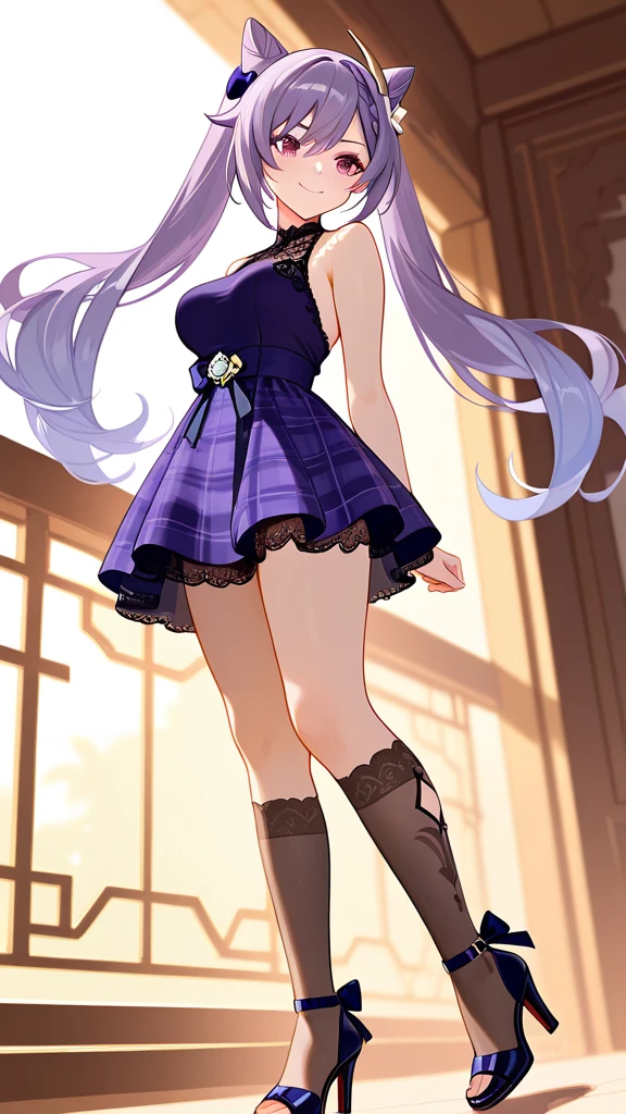 8k,masterpiece, best quality, ultra detailed, high resolution, super fine illustration,Keqing (Genshin impact), 1girl, solo, smile,purple eyes, purple hair, cone hair bun, double bun, braided bangs, long hair, medium breasts, casual style, sleeveless dress, lace cutout, frilled dress,miniskirt, kneehighs,plaid skirt,ankle strap heels, open toe heels, from below,