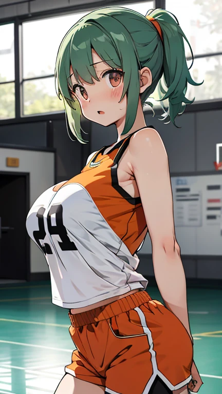 (beautiful detailed dark tan skin:1.7, beautiful dark-skinned female, tanned), (solo:2, 15 yo), (beautiful detailed ponytail), (beautiful detailed green hair long hair) (best beauty girl, cute yellow eyes, glossy lip, best enjoy smile, medium tits), in a gym uniform, navy blue buruma, break, in the school gym, BREAK, perfect ???????, masterpiece, best quality, 16k, beautiful detailed summer, daydreaming expression.

