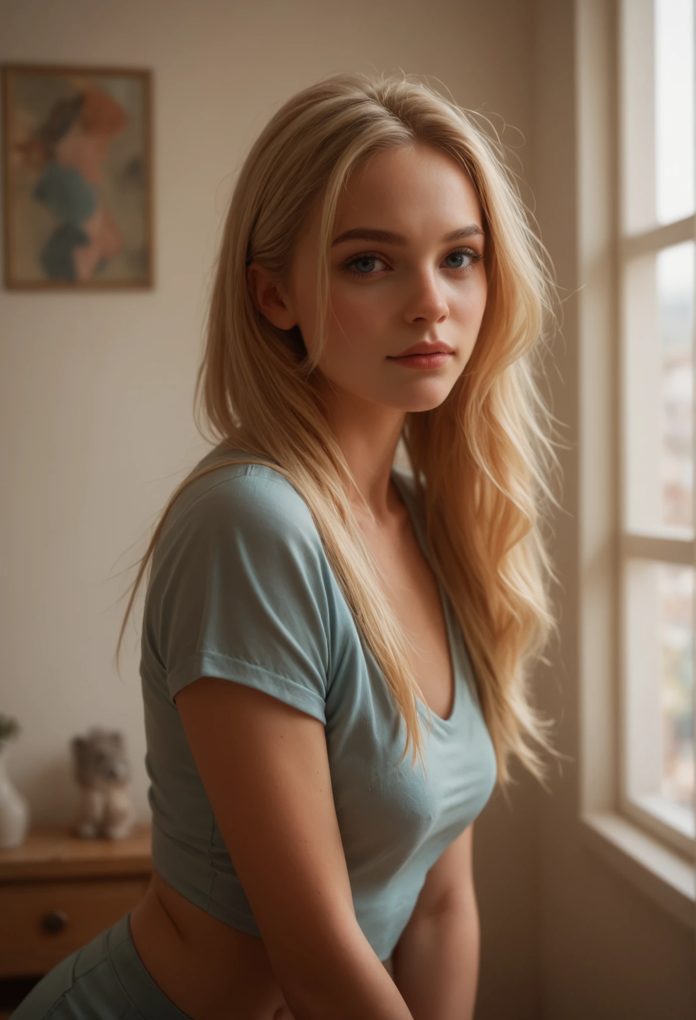 (score_9, score_8_up:1.1), score_7_up
1girl, (18-years-old), innocent and alluring, long hair, alternative vibe, beautiful eyes, freckles, medium breasts, (open mouth:0.6), subtle cleavage, tight body, slutty, candid picture, (cozy bedroom), off-shoulder shirt, dynamic angle, vibrant lighting, high contrast, dramatic shadows