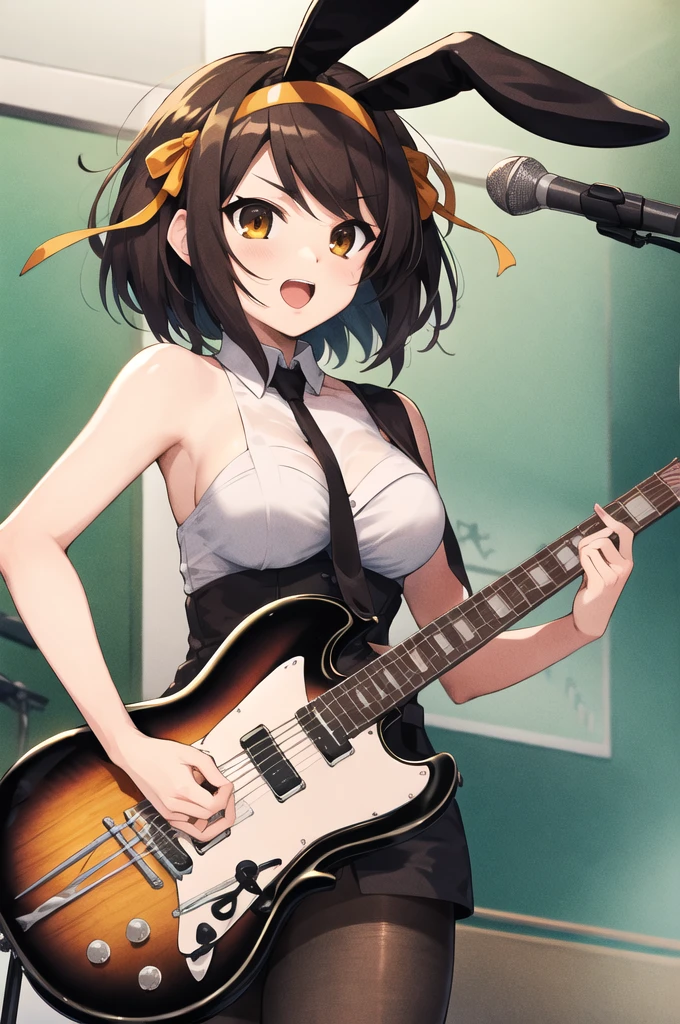 <lora:HaruhiSuzumiya:1> suzumiya haruhi, hair ribbon, hair band, guitar, playing instrument, bowtie, official alternate costume, rabbit ears, playboy bunny, pantyhose, rabbit tail, drum set
masterpiece, best quality, absurdres, stage
