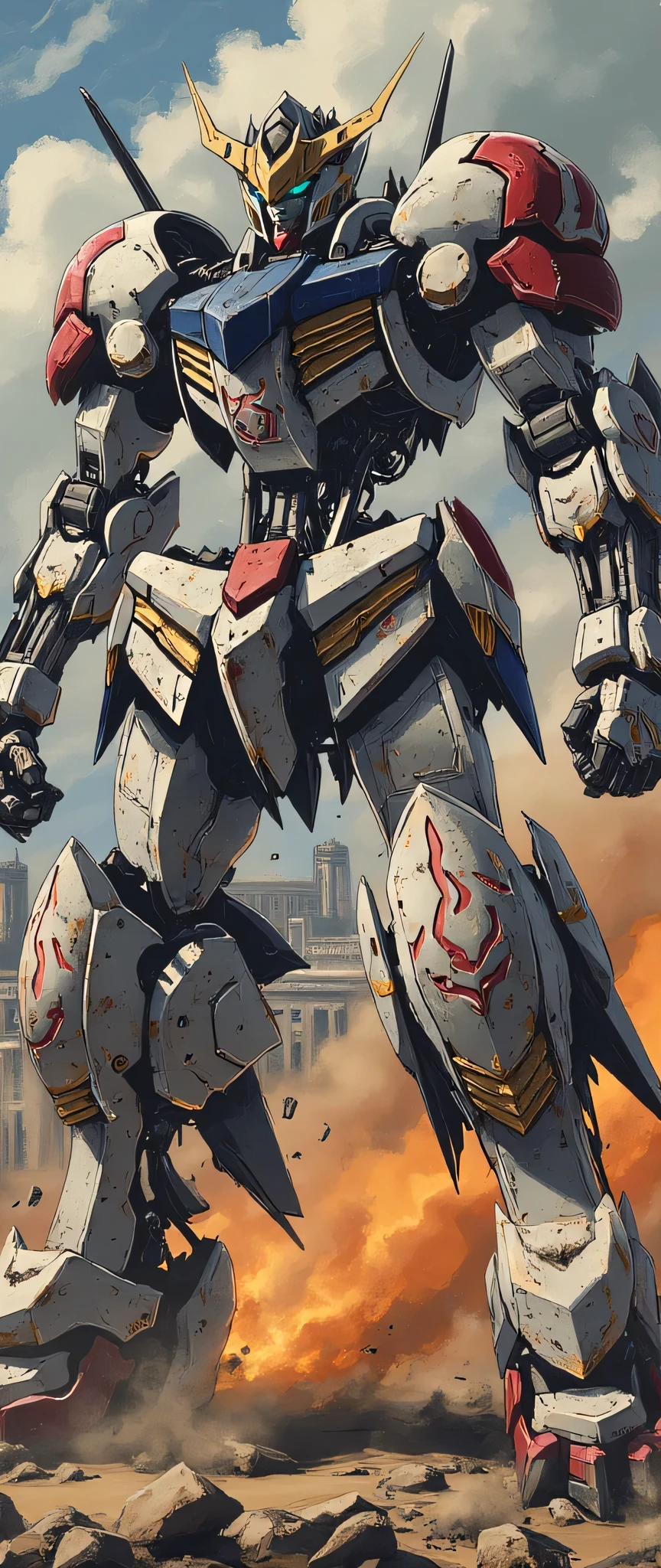 (Giant robots in cities),(Gundam-kun_Barbatos ),(  The background is a city in battle  ),(dynamic),( Holds a sword as big as a samurai ),( I'm bathed in oil like return blood all over my body),(Bright twin eyes  ),(dust:2.0),(burning fire:2.0),( Detailed color),( More details:2.0)