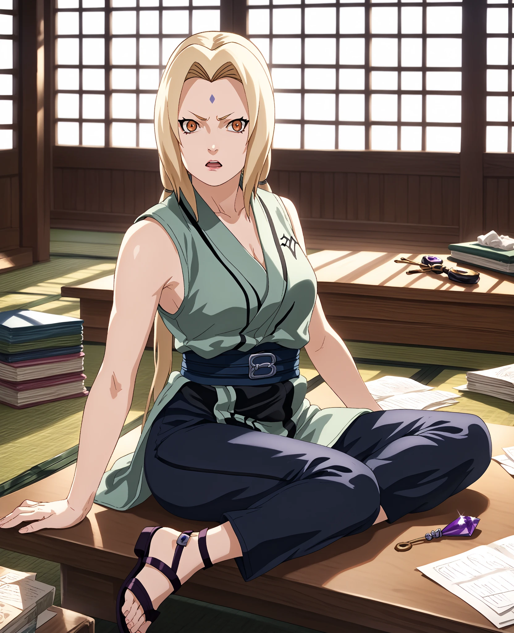  High quality anime illustration ,  Tsunade Senju,  Blonde woman ,  golden eyes,  long loose blonde hair with loose locks framing her face,  violet diamond mark on the forehead ,  dressed in short cream-colored sleeveless kimono ,  fitted with a blue belt ,  tight black pants,  open ninja sandals ,  sitting in a traditional Japanese office , tatami,  wooden desk with scrolls and inkwell ,  natural light coming through the windows ,  warm environment, serious and thoughtful look, relaxed but firm pose ,  realistic details ,  soft lighting,  natural shadows ,  detailed anime style ."