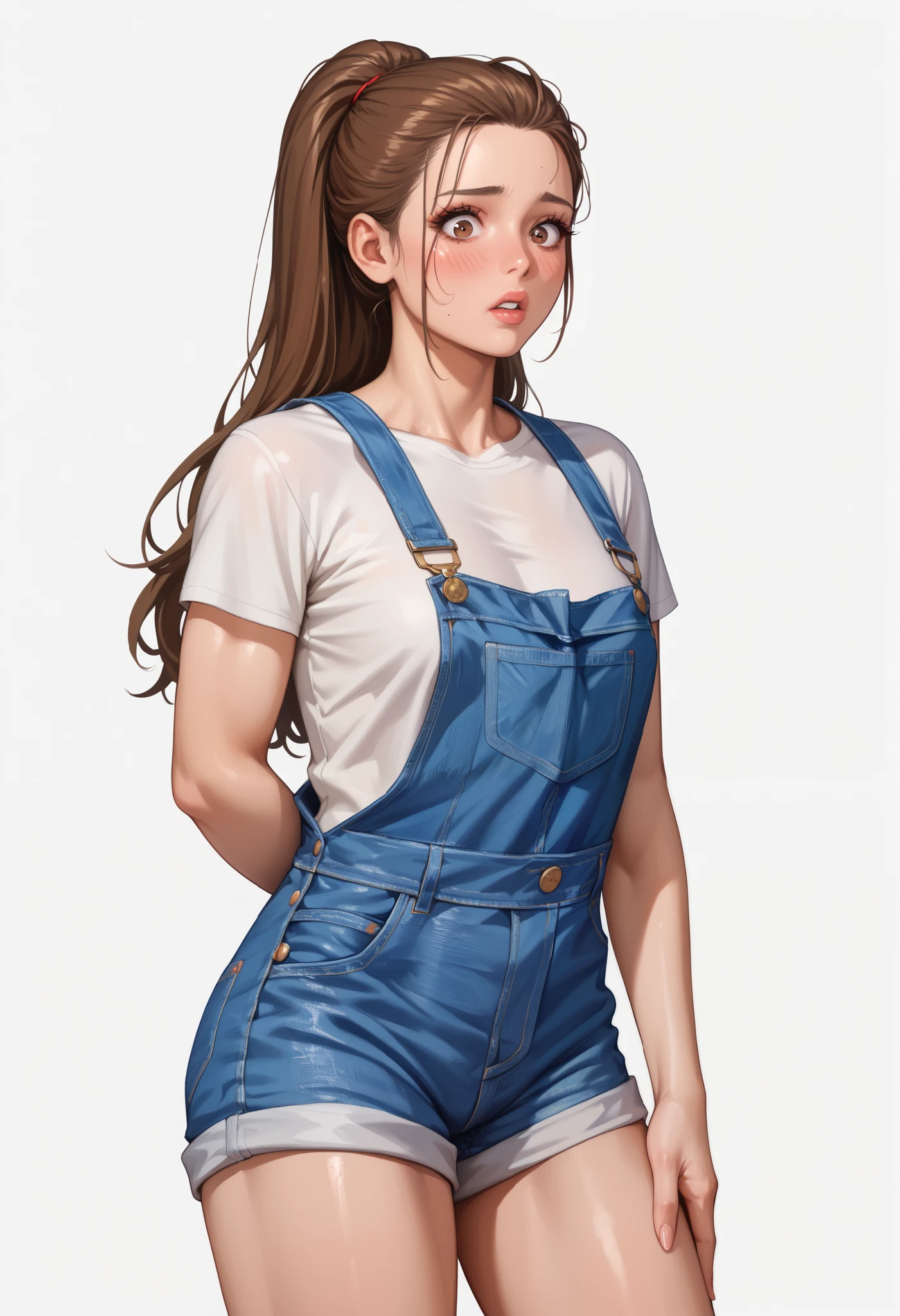 ((White background )) (Curve:1.1) rathing_explicit ,((1girl)) , (solo girl), (Long brown hair with a ponytail), lip stick, makeup, (brown eyes:1.05), (blush:0.3), Age 30 years (Russian girl) ((White T-shirt, denim overalls:1.4)) ,tall, long sexy legs, ((thin:0.8)) , ((big breasts:0.2)) (strong), ((muscular:0.6)) (shocked) ((Raise both hands:1.2)) Blushing ((shy)) muscle